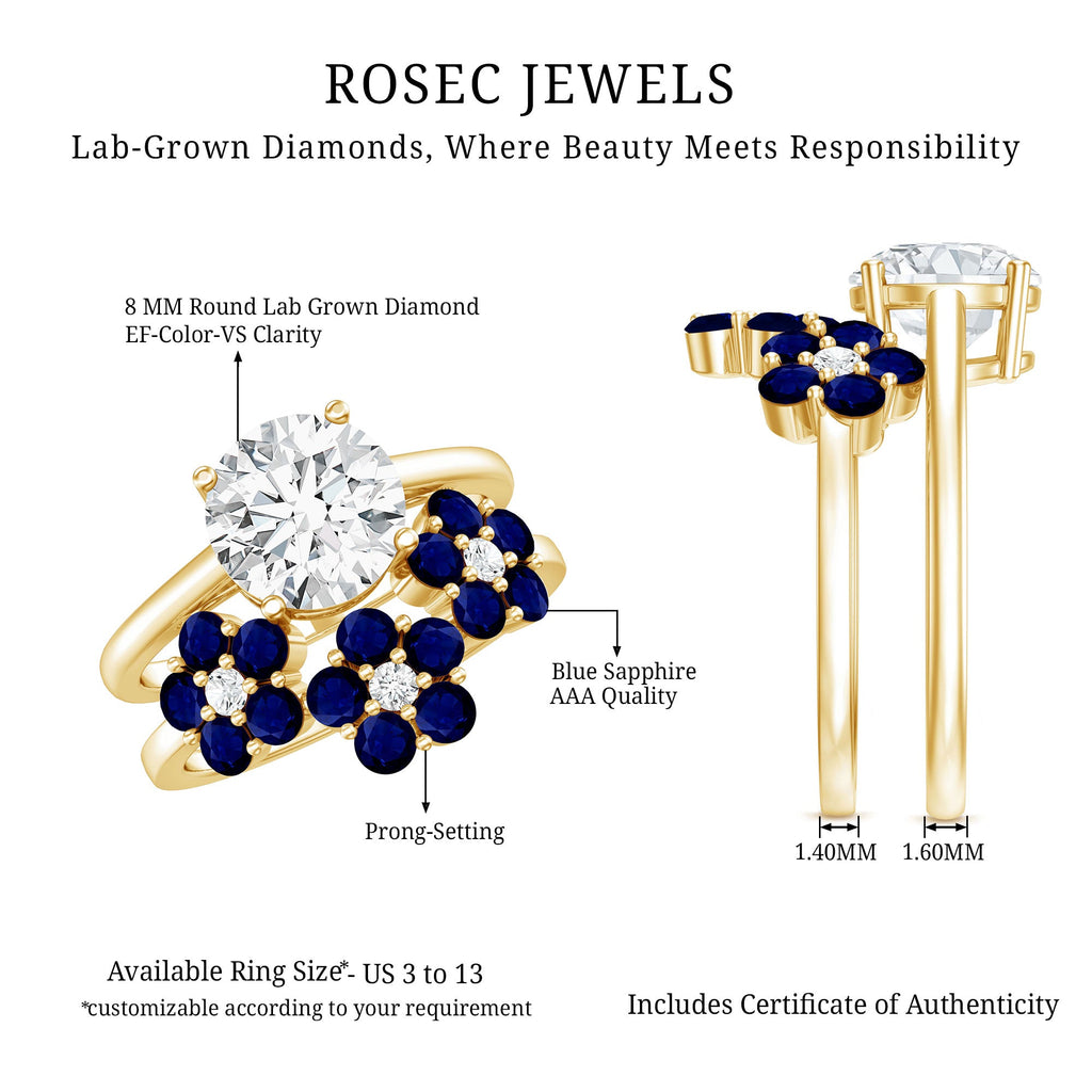 Certified Lab 8 MM Diamond Engagement Ring With Sapphire Wedding Band