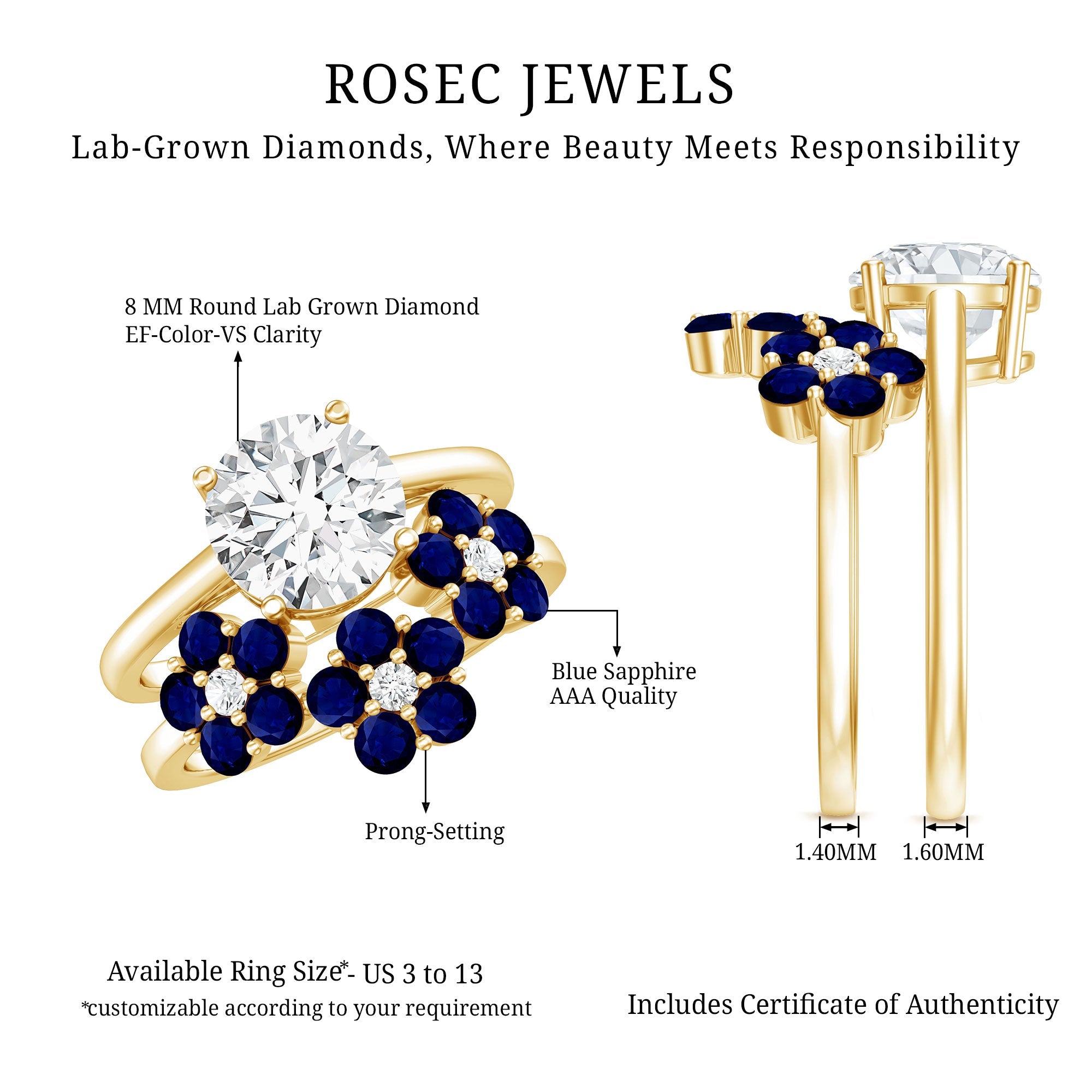 Certified Lab 8 MM Diamond Engagement Ring With Sapphire Wedding Band