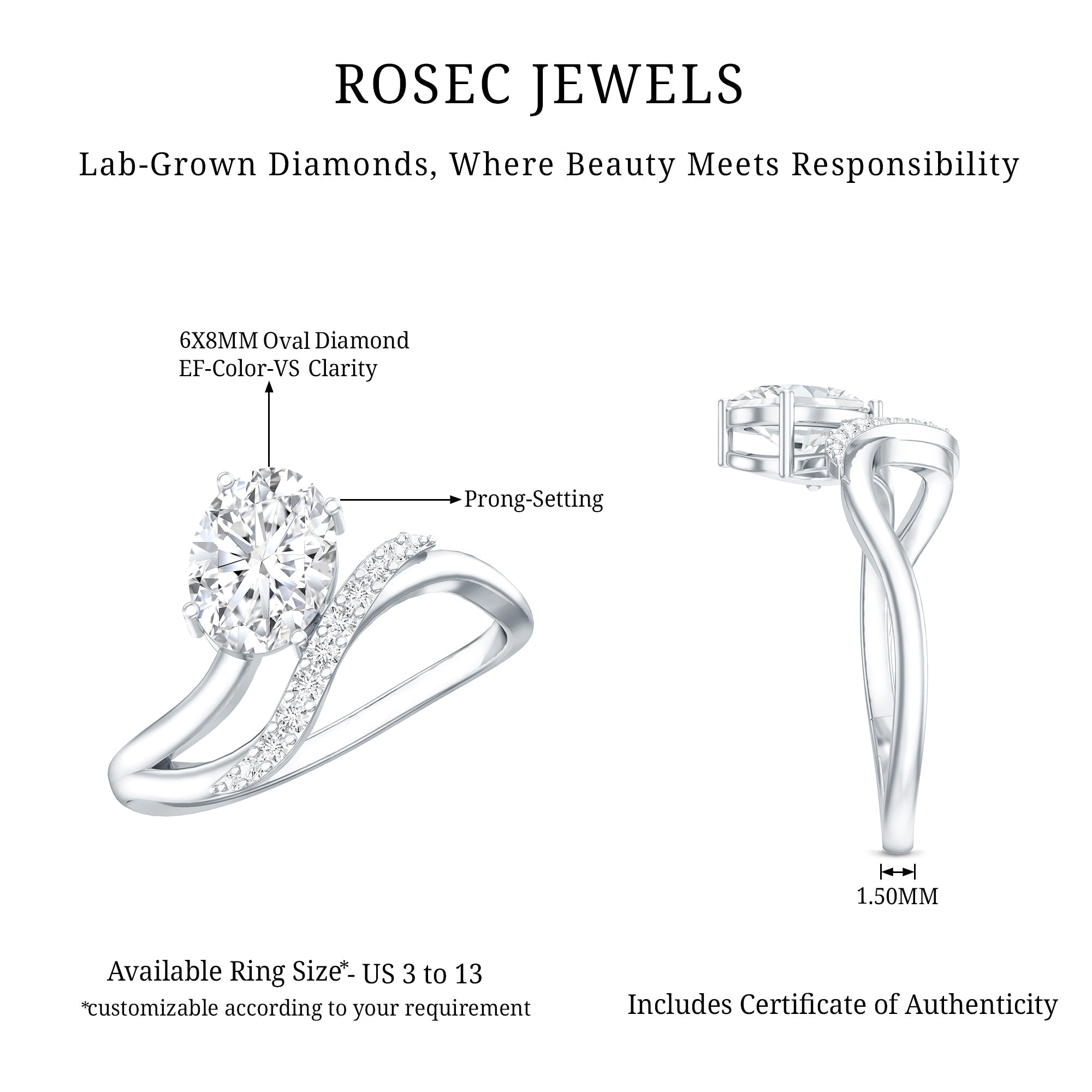 Certified Lab Grown Diamond 6X8 MM Oval Engagement Ring For Women