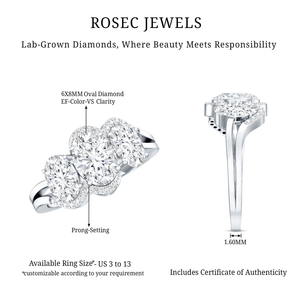 Certified Oval Lab Grown Diamond Three Stone Engagement Ring