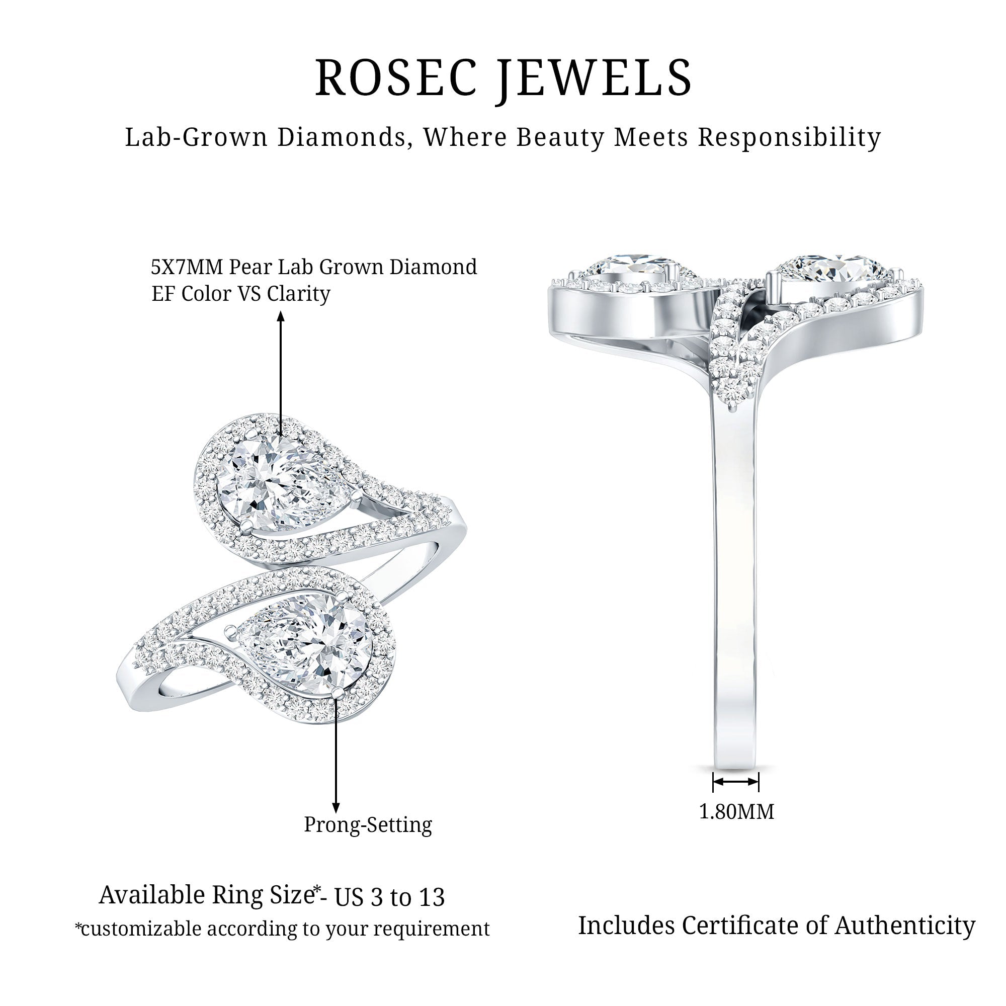 Certified Lab Diamond Toi Et Moi Designer Engagement Ring