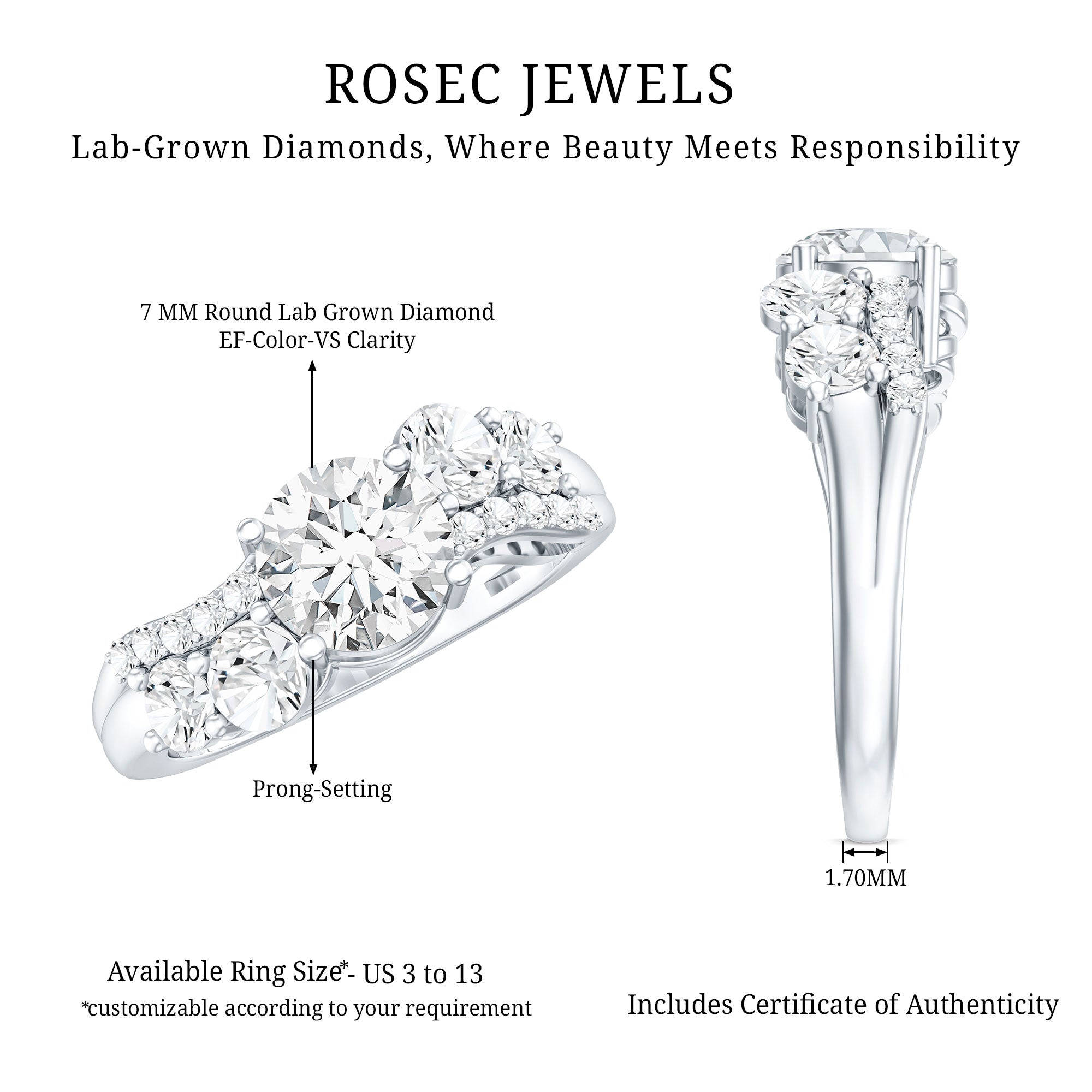 Certified Lab 7 MM Round Diamond Designer Engagement Ring