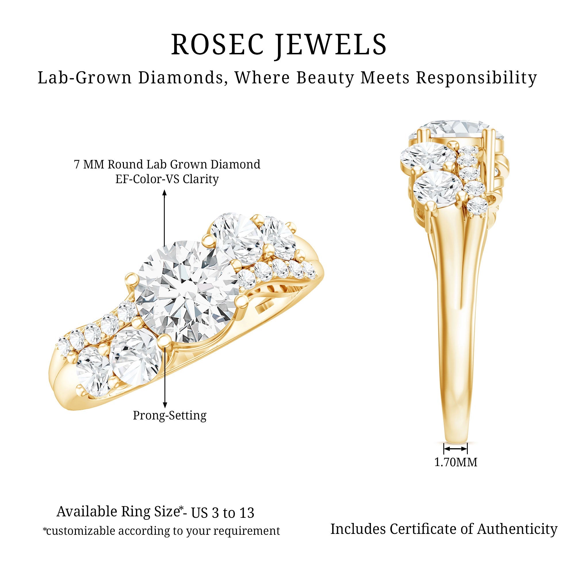 Certified Lab 7 MM Round Diamond Designer Engagement Ring