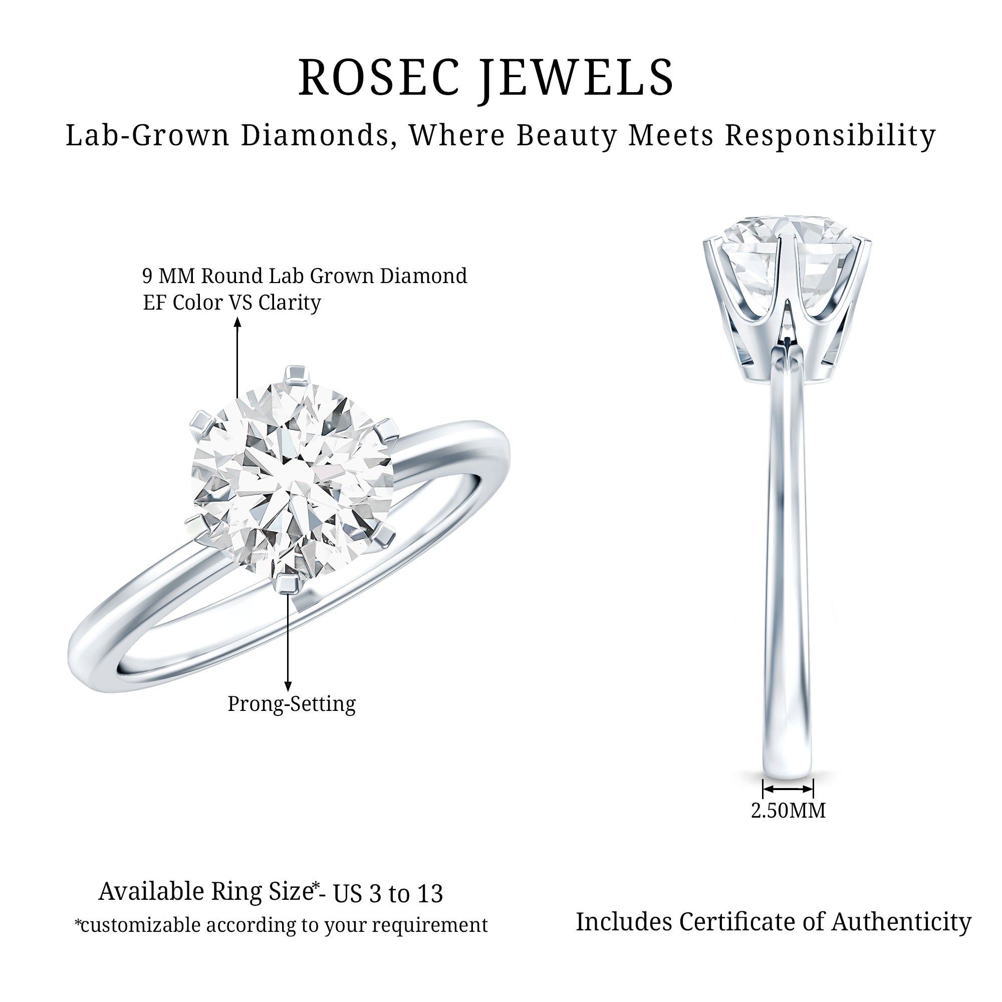 3 Carat IGI Certified Lab Grown Diamond Round Engagement Ring