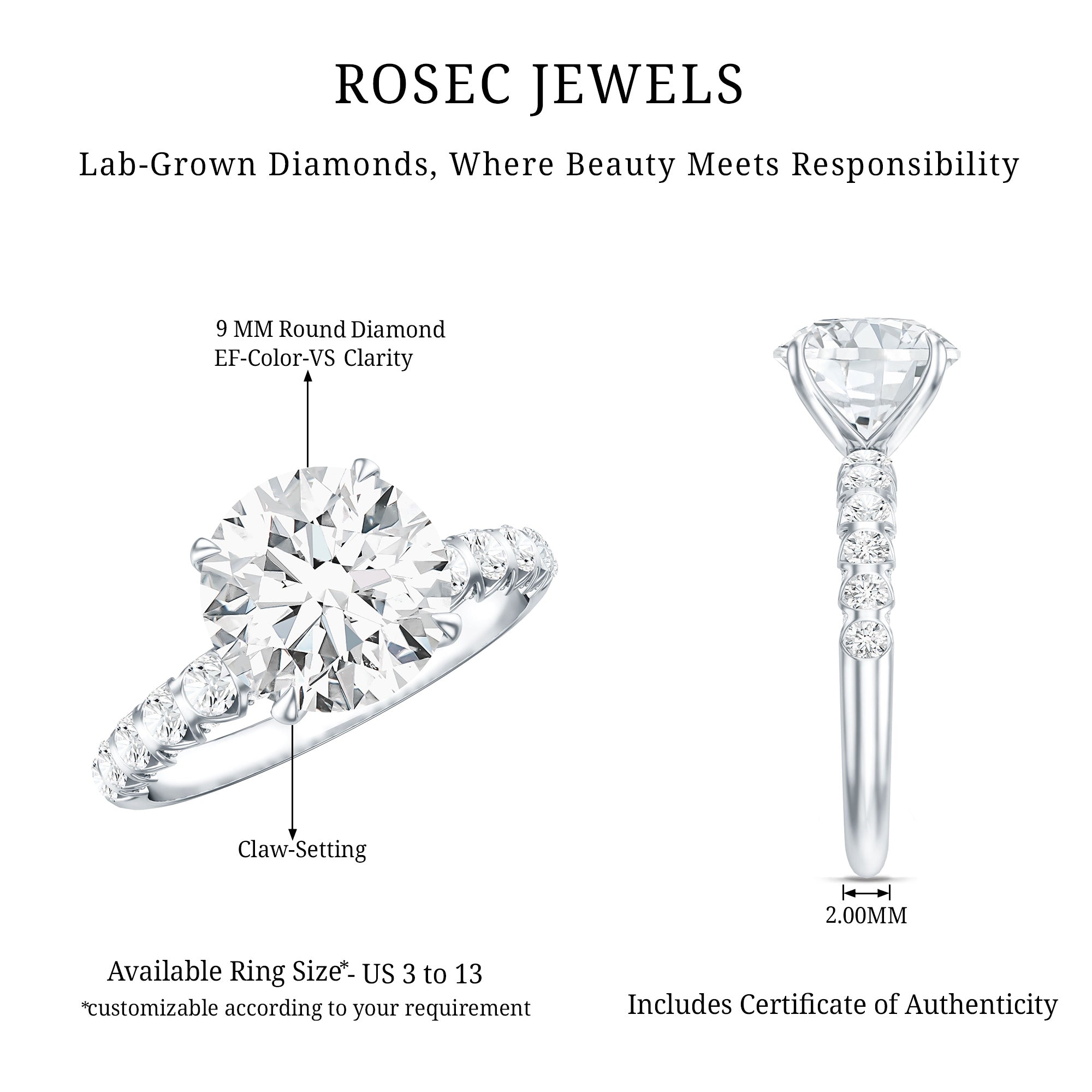 Round Cut 3 Carat Lab Grown Diamond Engagement Ring with IGI Certificate