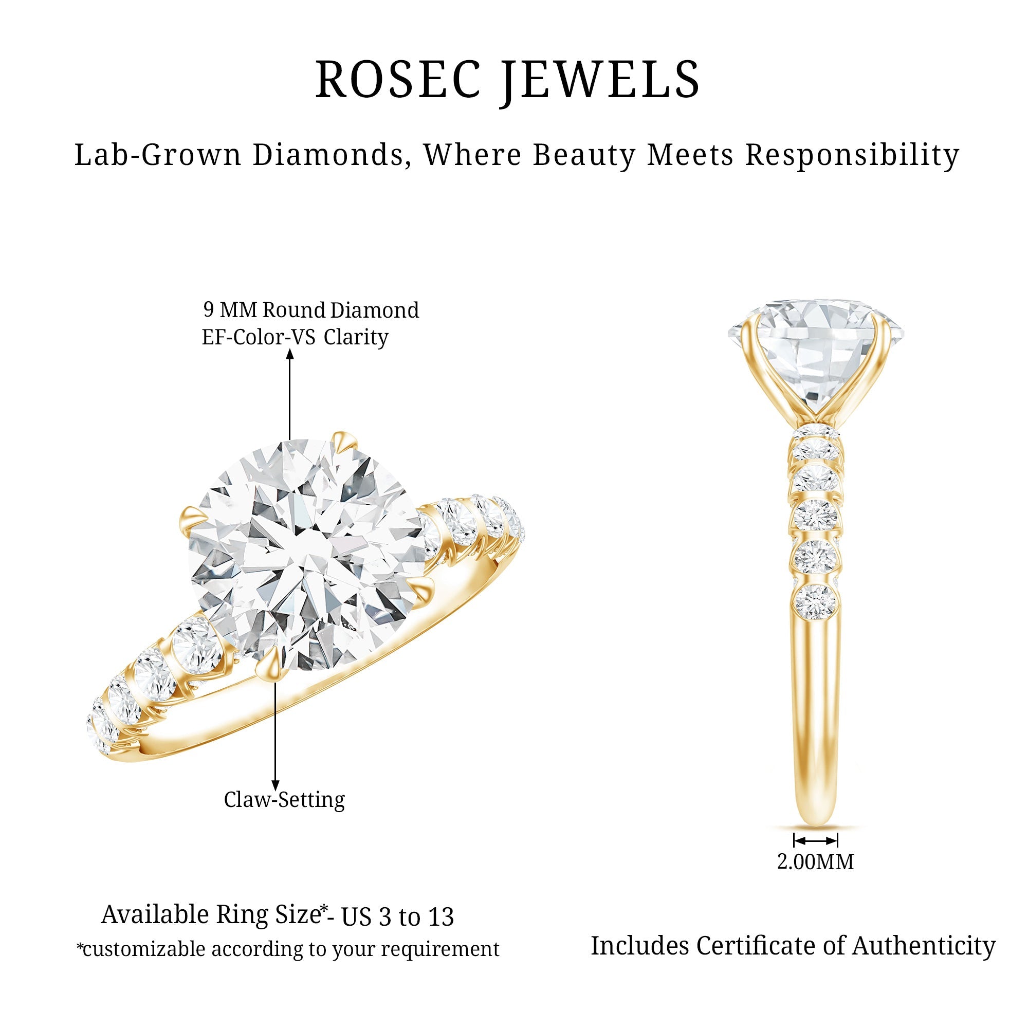 Round Cut 3 Carat Lab Grown Diamond Engagement Ring with IGI Certificate