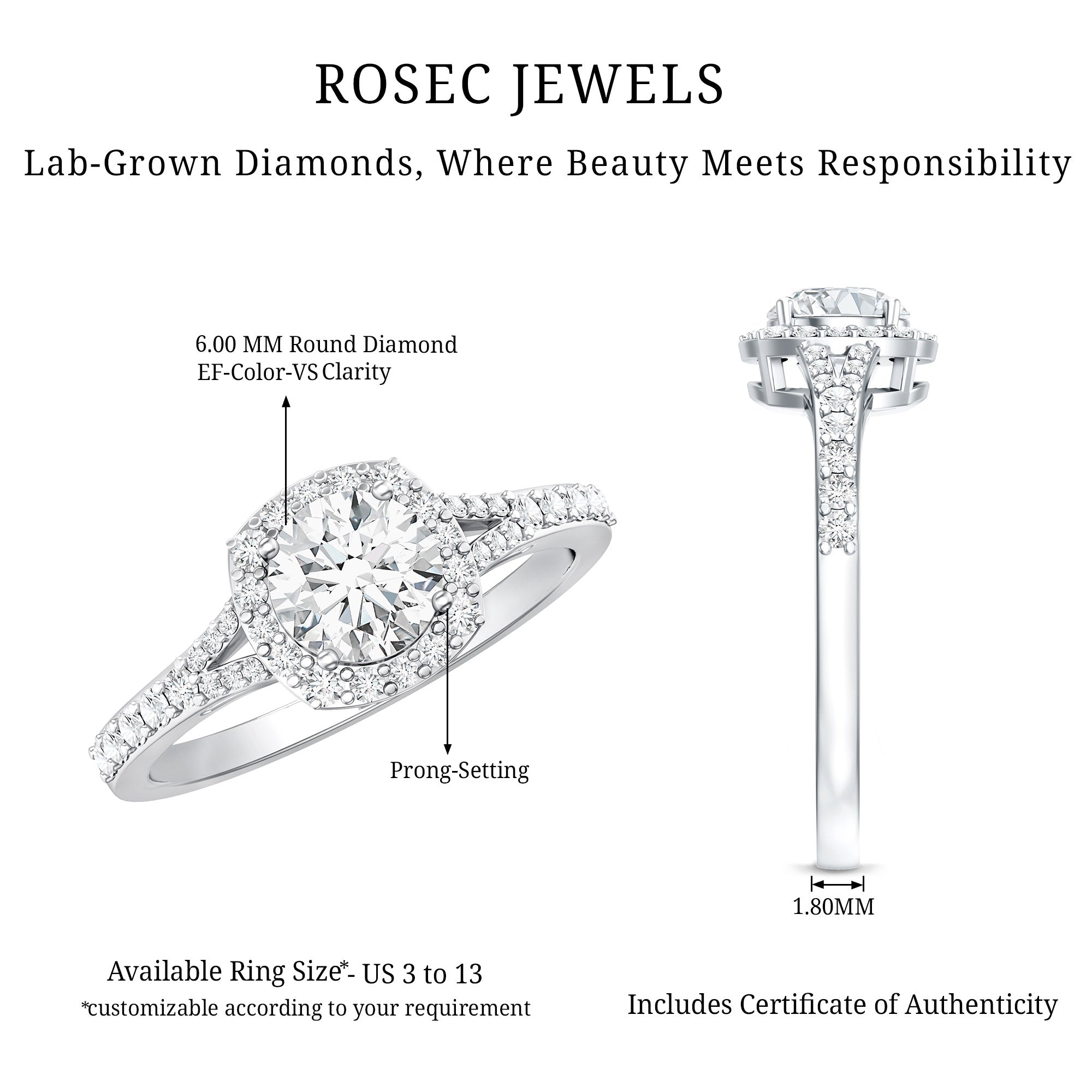 IGI Certified 1 Carat Lab Grown Diamond Halo Engagement Ring for Women