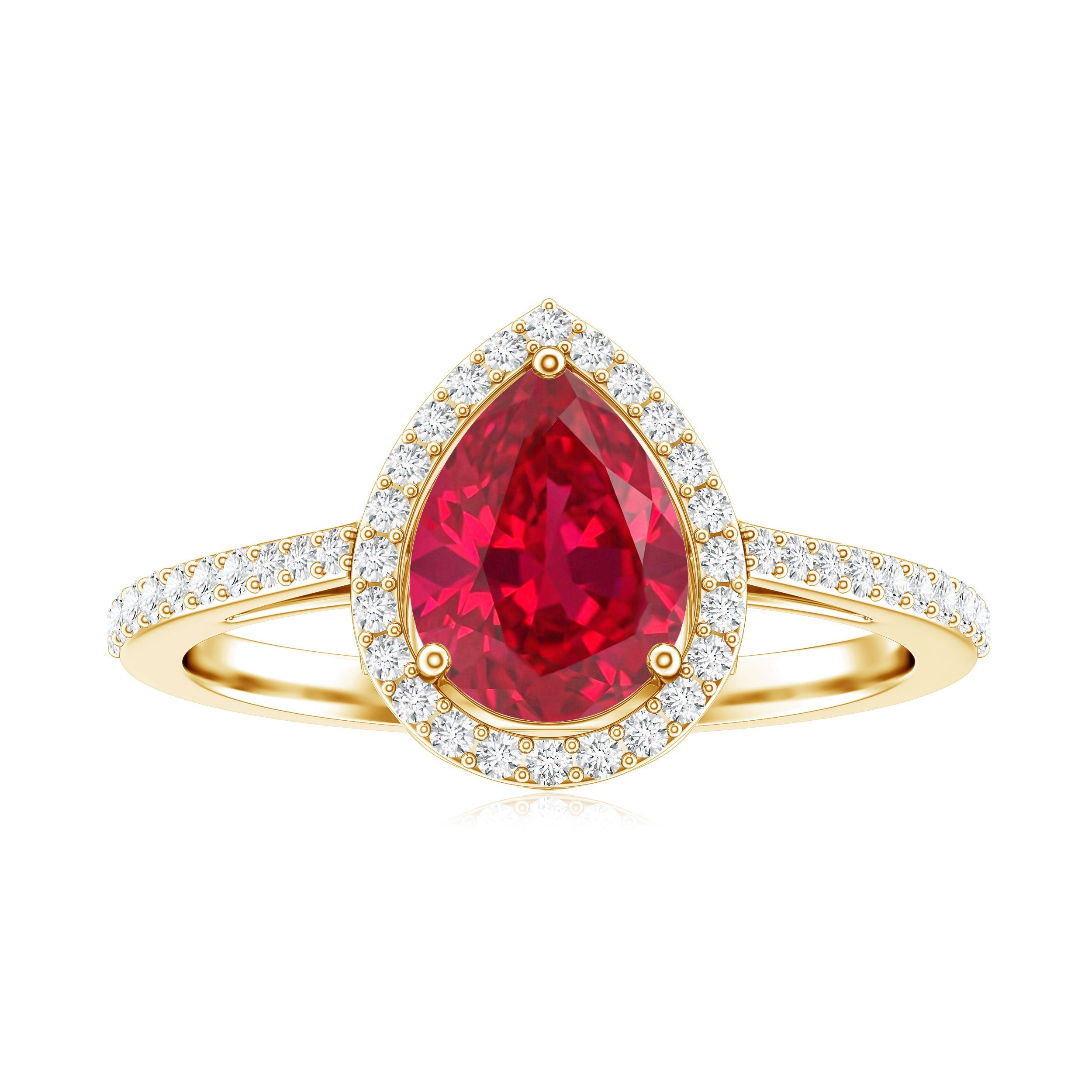 Pear Shape Lab Grown Ruby Teardrop Engagement Ring with Diamond Halo