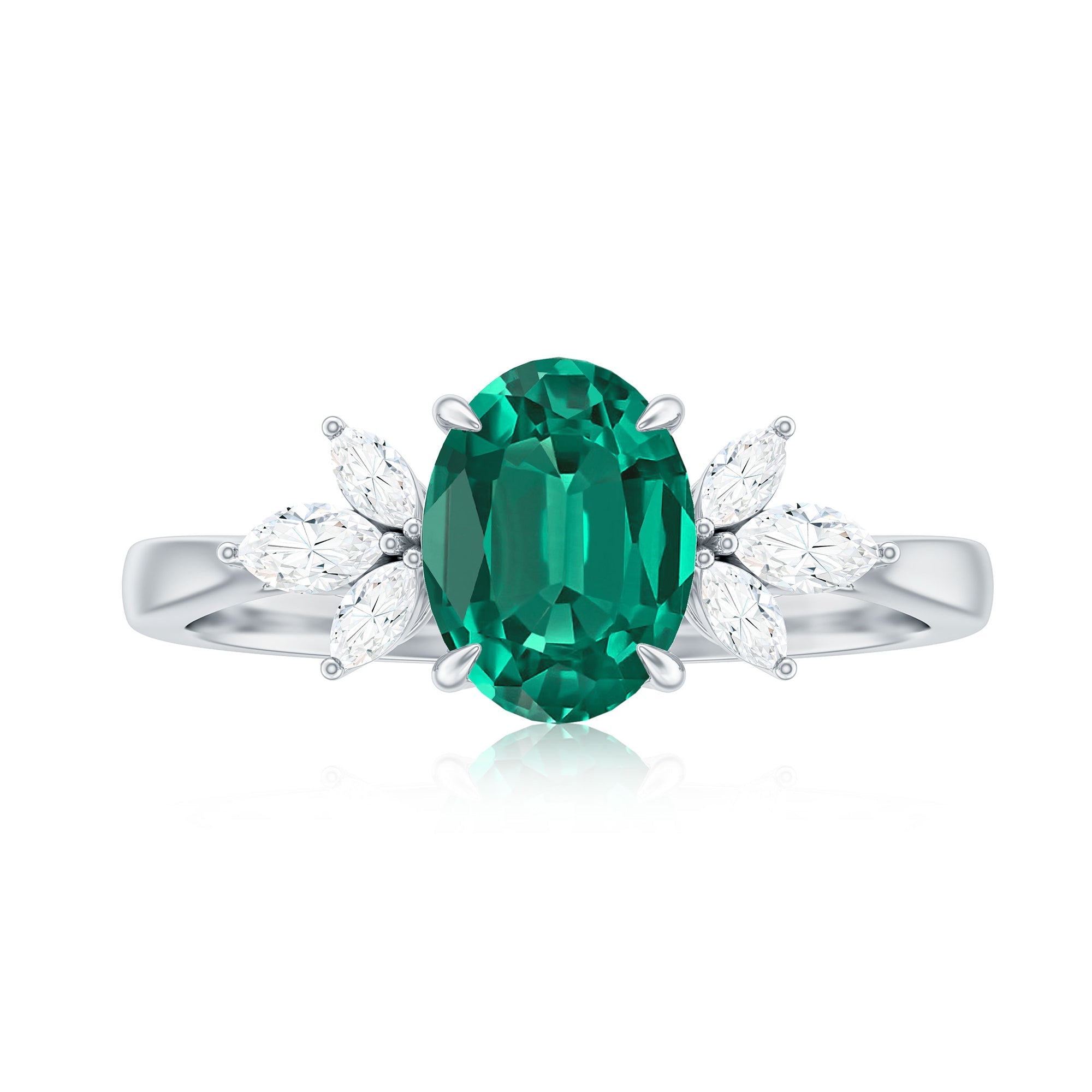1.2 Carat Lab Created Emerald Oval Engagement Ring with Diamond Trio