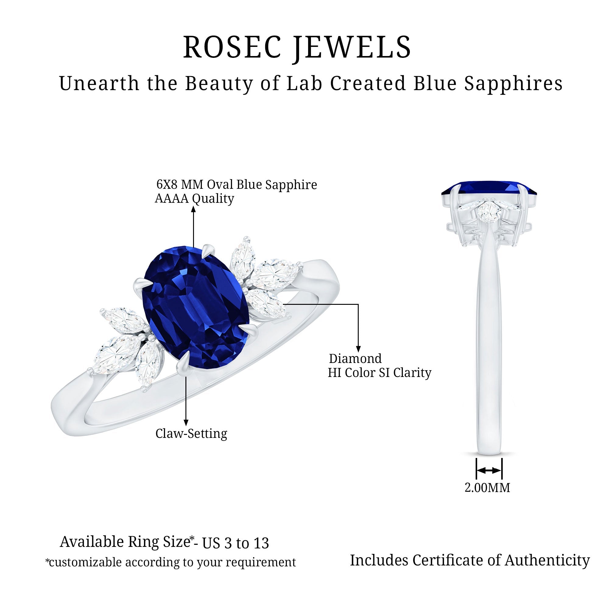 Certified 1.5 Carat Lab Grown Blue Sapphire Oval Engagement Ring with Diamond Trio