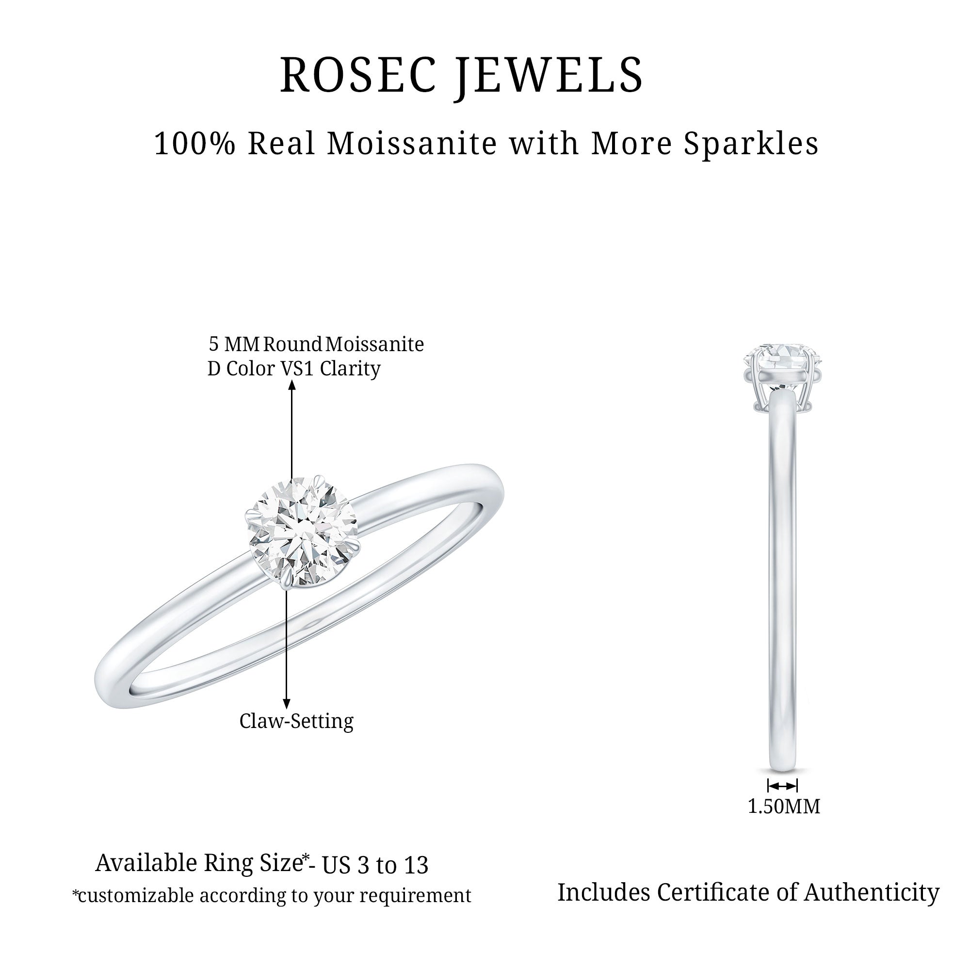 Claw Set Solitaire Moissanite Promise Ring for Women