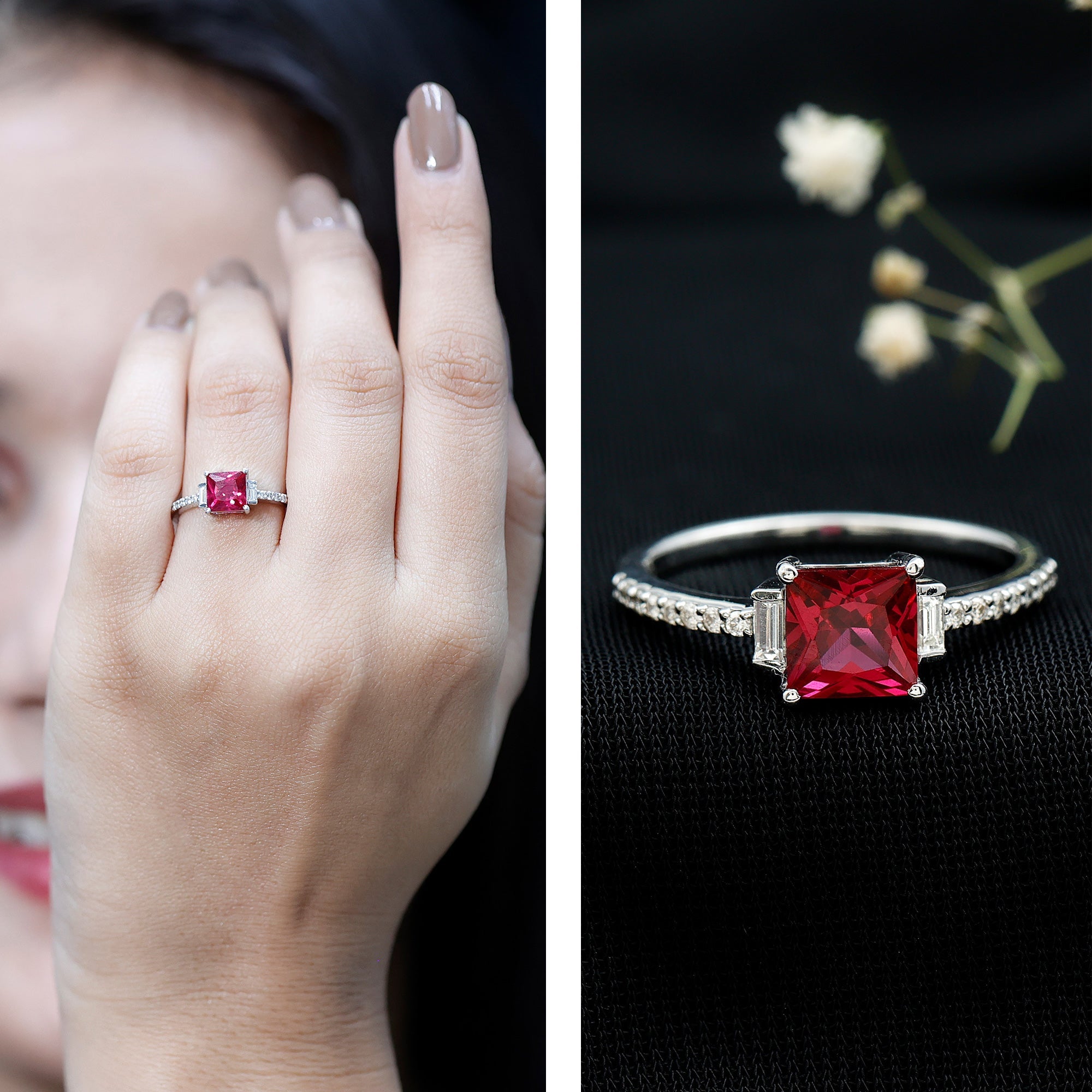 1.5 Carat Princess Cut Lab Created Ruby Engagement Ring With Diamond