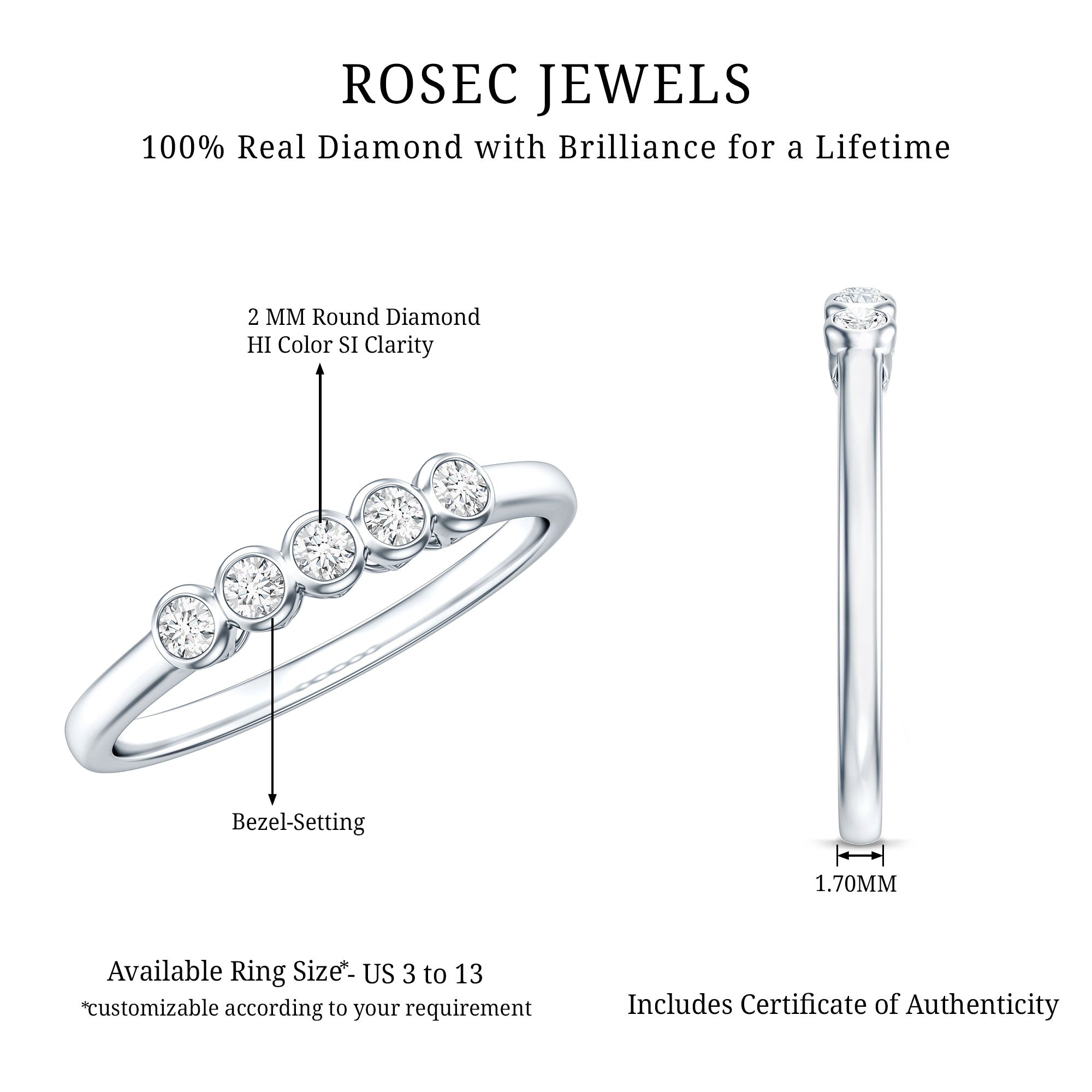 Bezel Set Natural Diamond Five Stone Promise Ring for Her