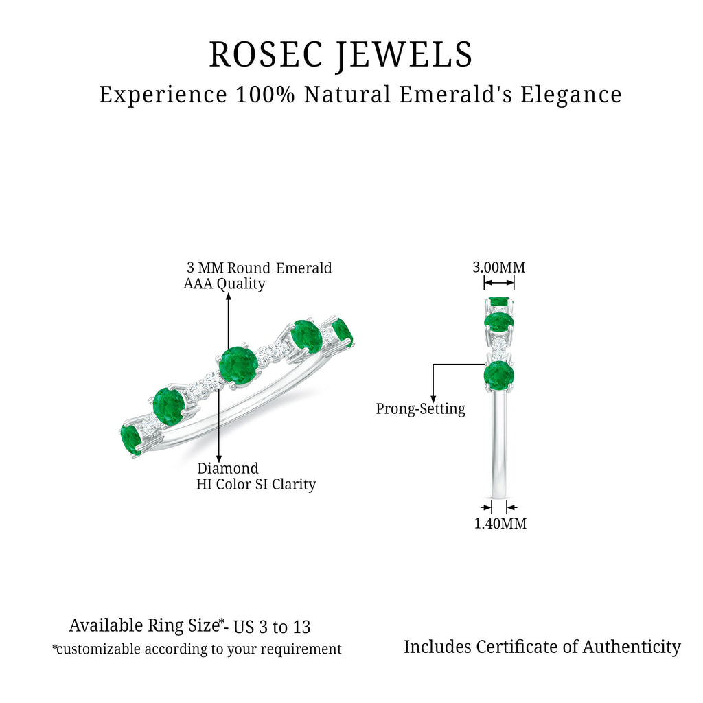 Real Emerald and Diamond Half Eternity Wedding Band Ring
