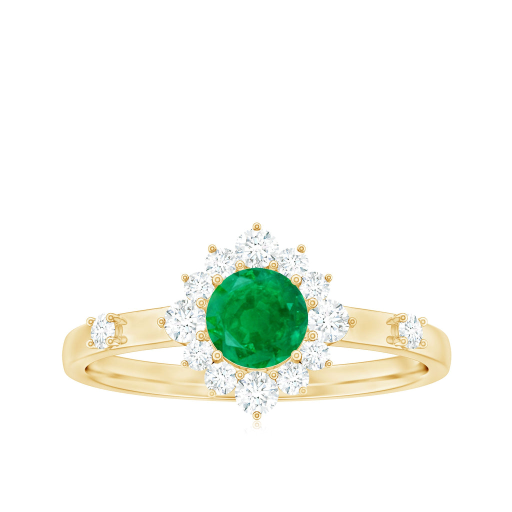5mm Round Shape Emerald Promise Ring with Diamond Halo