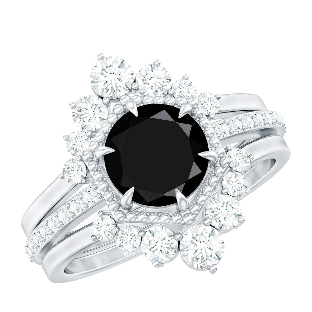 2.6 Carat Vintage Style Black Spinel 3 Piece Ring Set with Moissanite