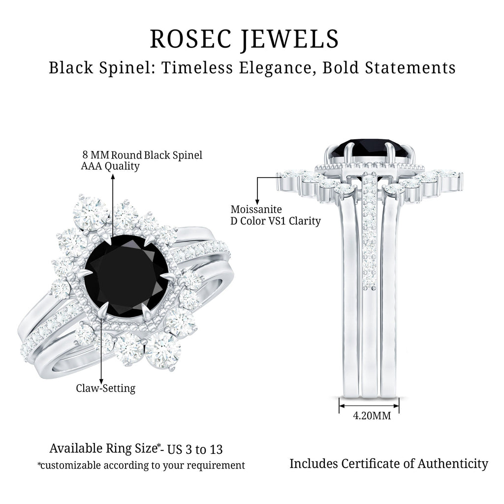 2.6 Carat Vintage Style Black Spinel 3 Piece Ring Set with Moissanite