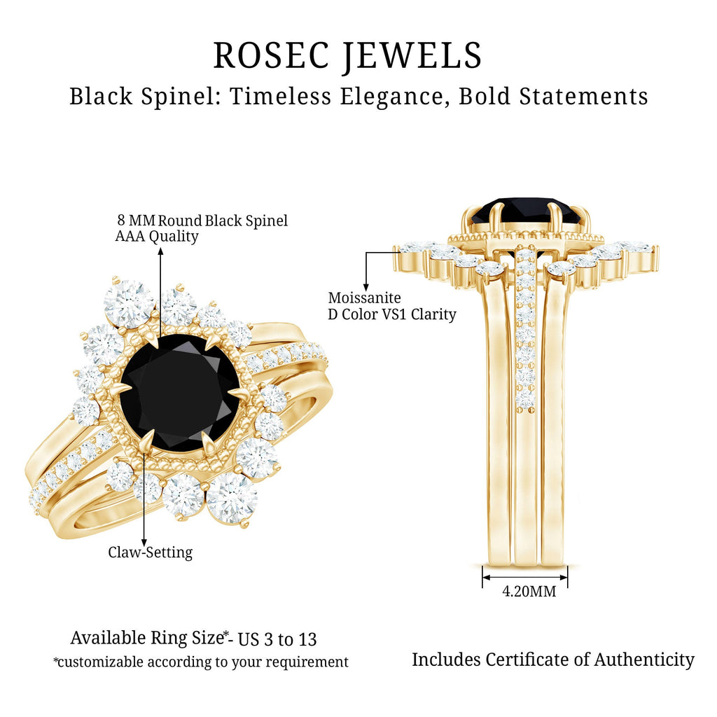 2.6 Carat Vintage Style Black Spinel 3 Piece Ring Set with Moissanite