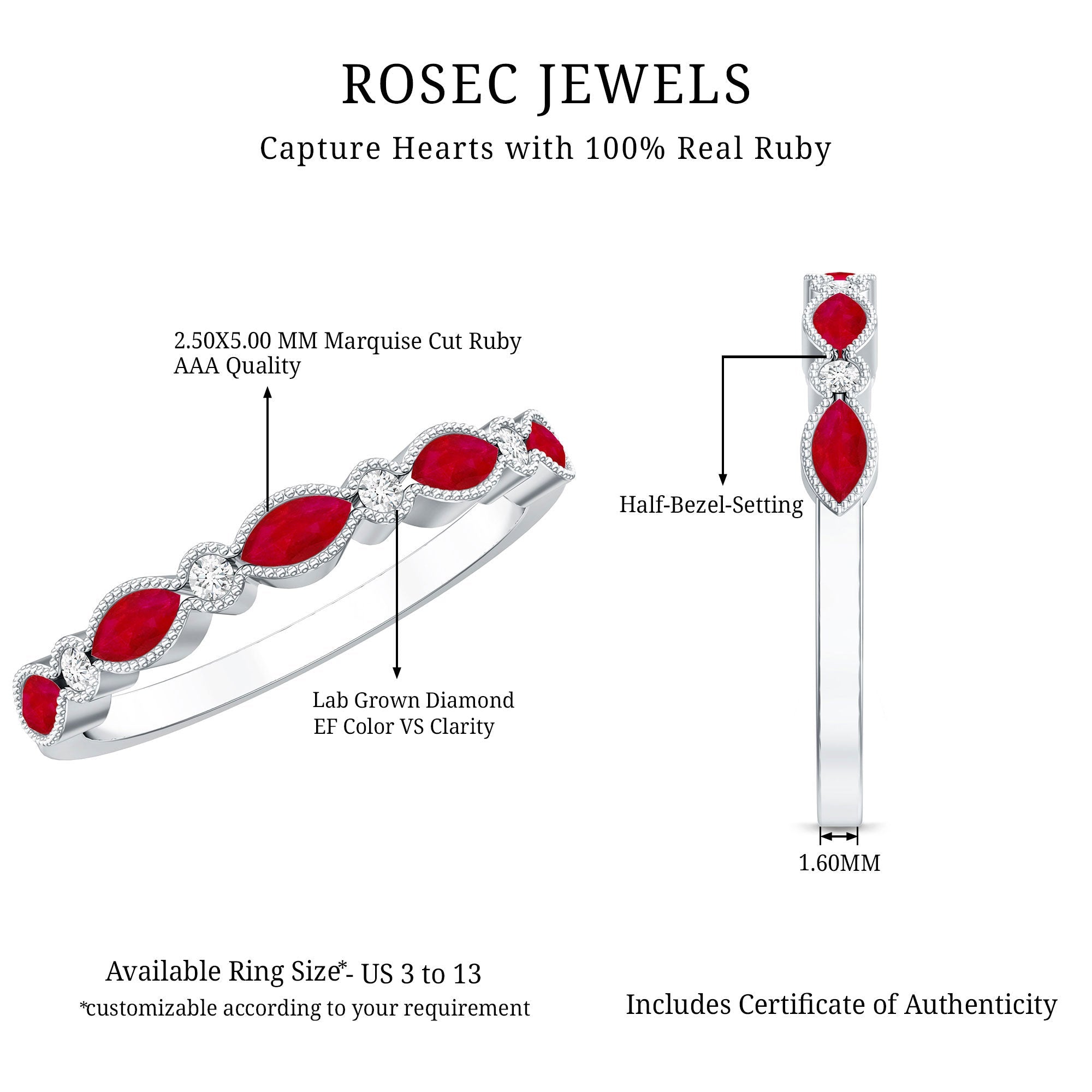 Certified Marquise Ruby Half Eternity Ring with Lab Diamond