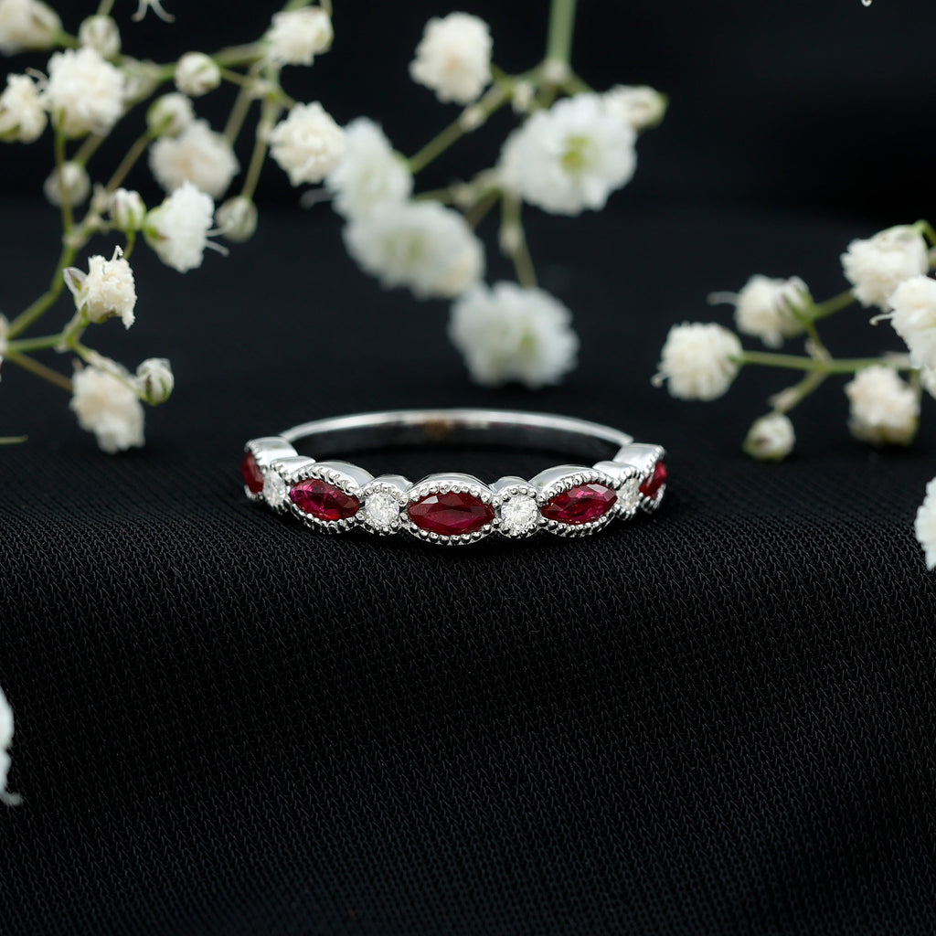 Certified Marquise Ruby Half Eternity Ring with Lab Diamond