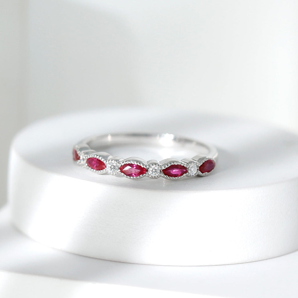 Certified Marquise Ruby Half Eternity Ring with Lab Diamond