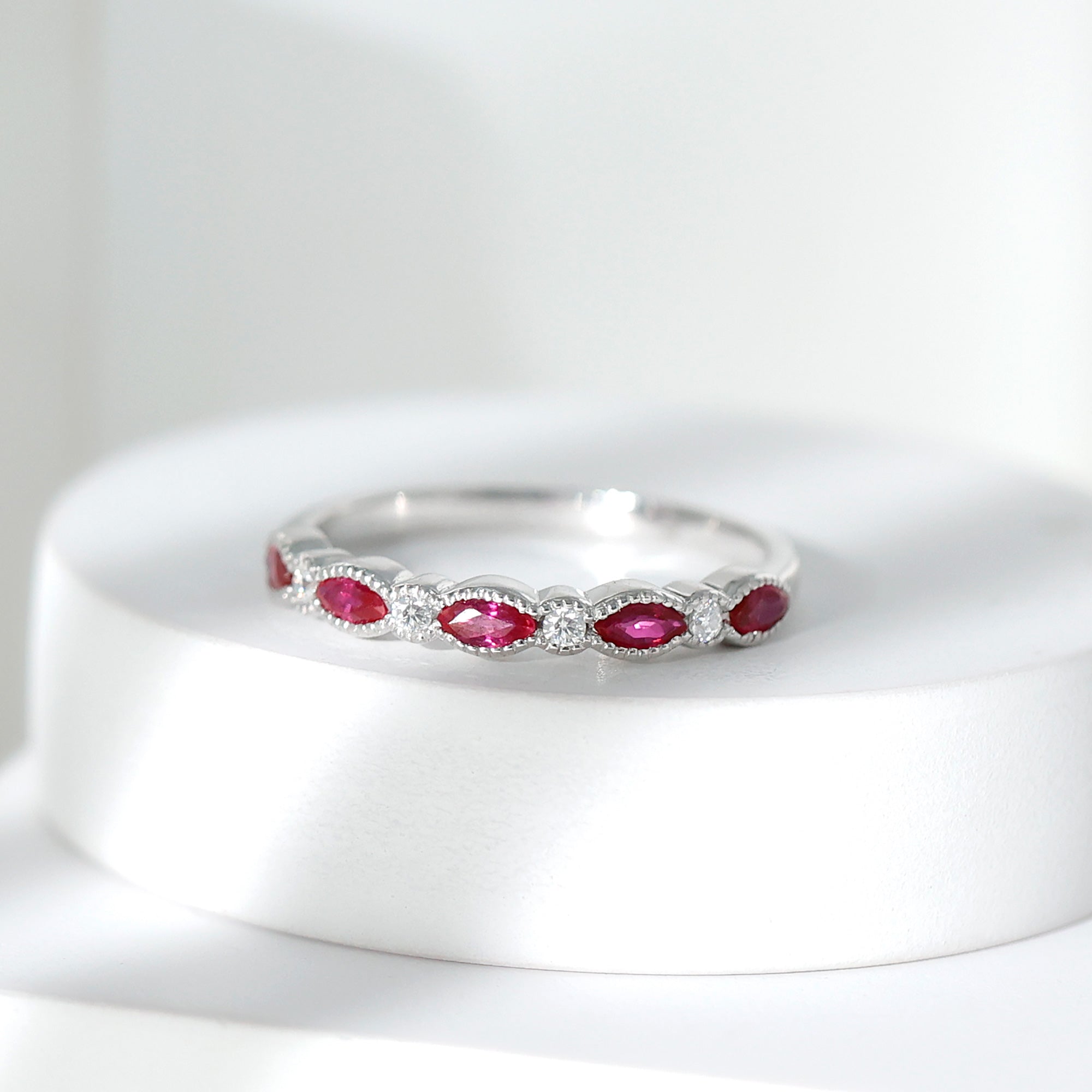 Certified Marquise Ruby Half Eternity Ring with Lab Diamond