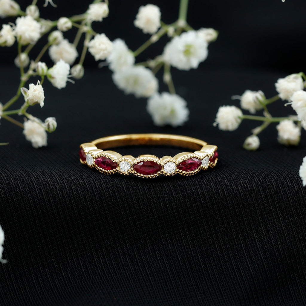Certified Marquise Ruby Half Eternity Ring with Lab Diamond