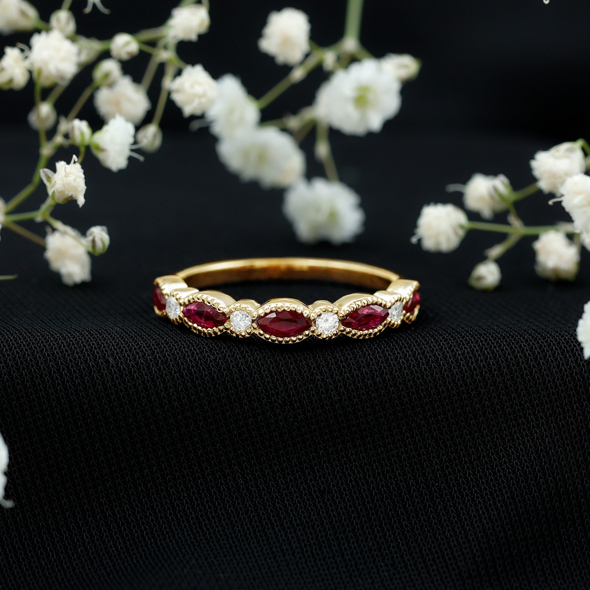 Certified Marquise Ruby Half Eternity Ring with Lab Diamond
