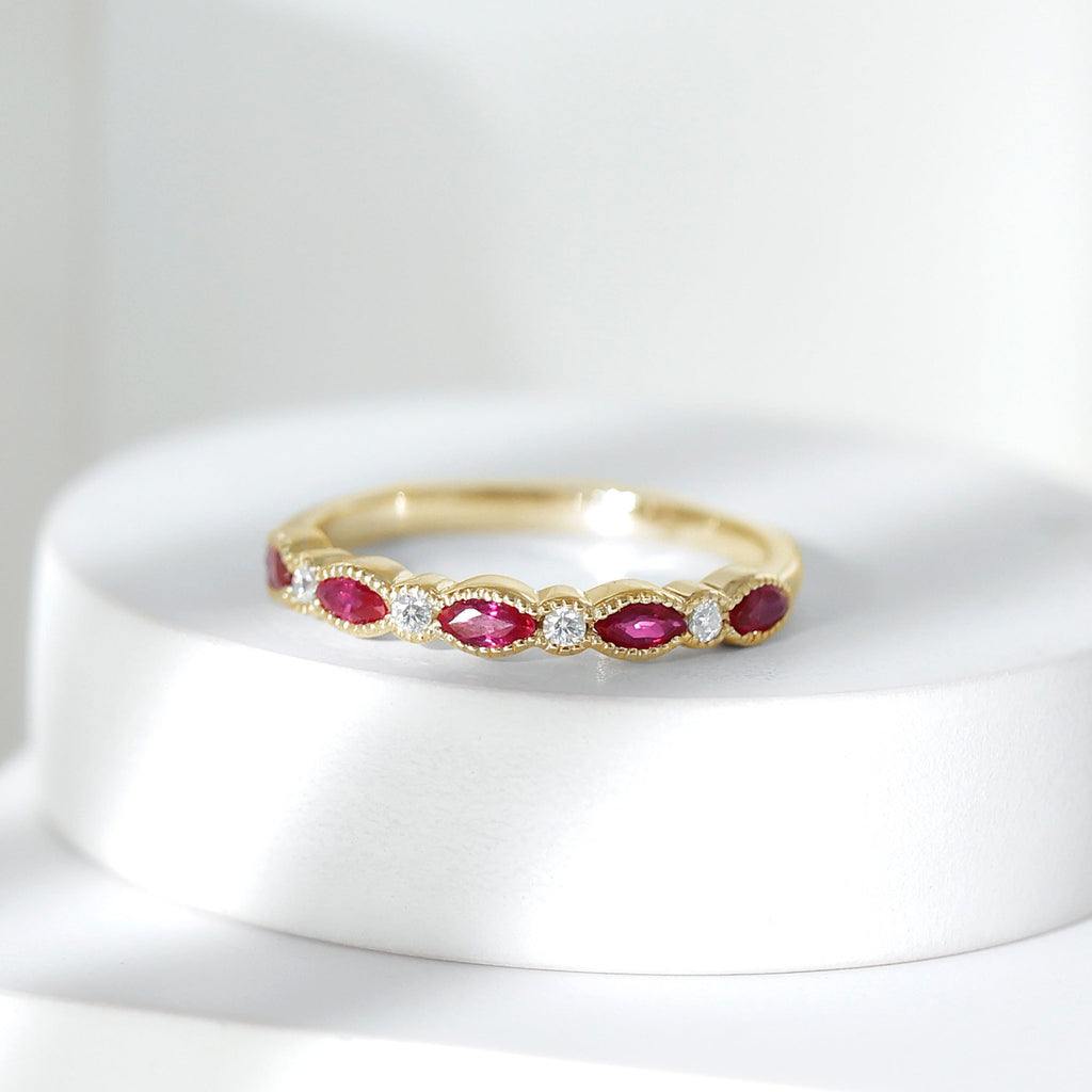 Certified Marquise Ruby Half Eternity Ring with Lab Diamond