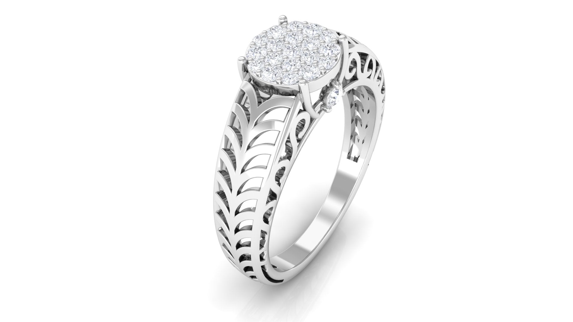 Round Cut Real Diamond Engagement Ring with Filigree Shank