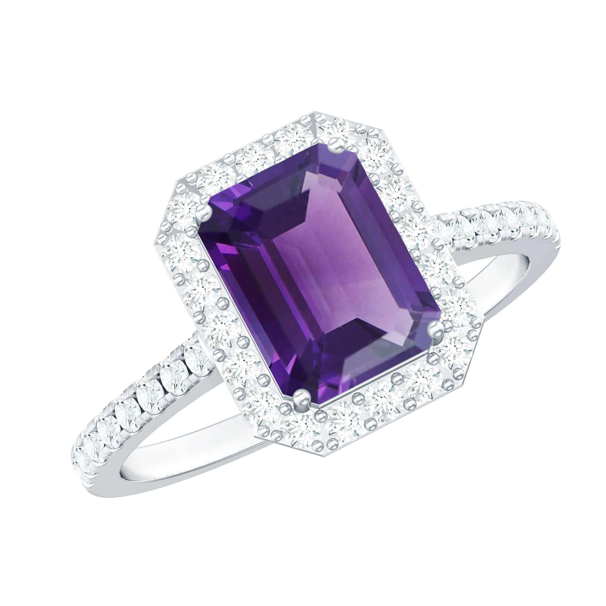1.4 Carat Amethyst Emerald Cut Engagement Ring with Diamond Halo