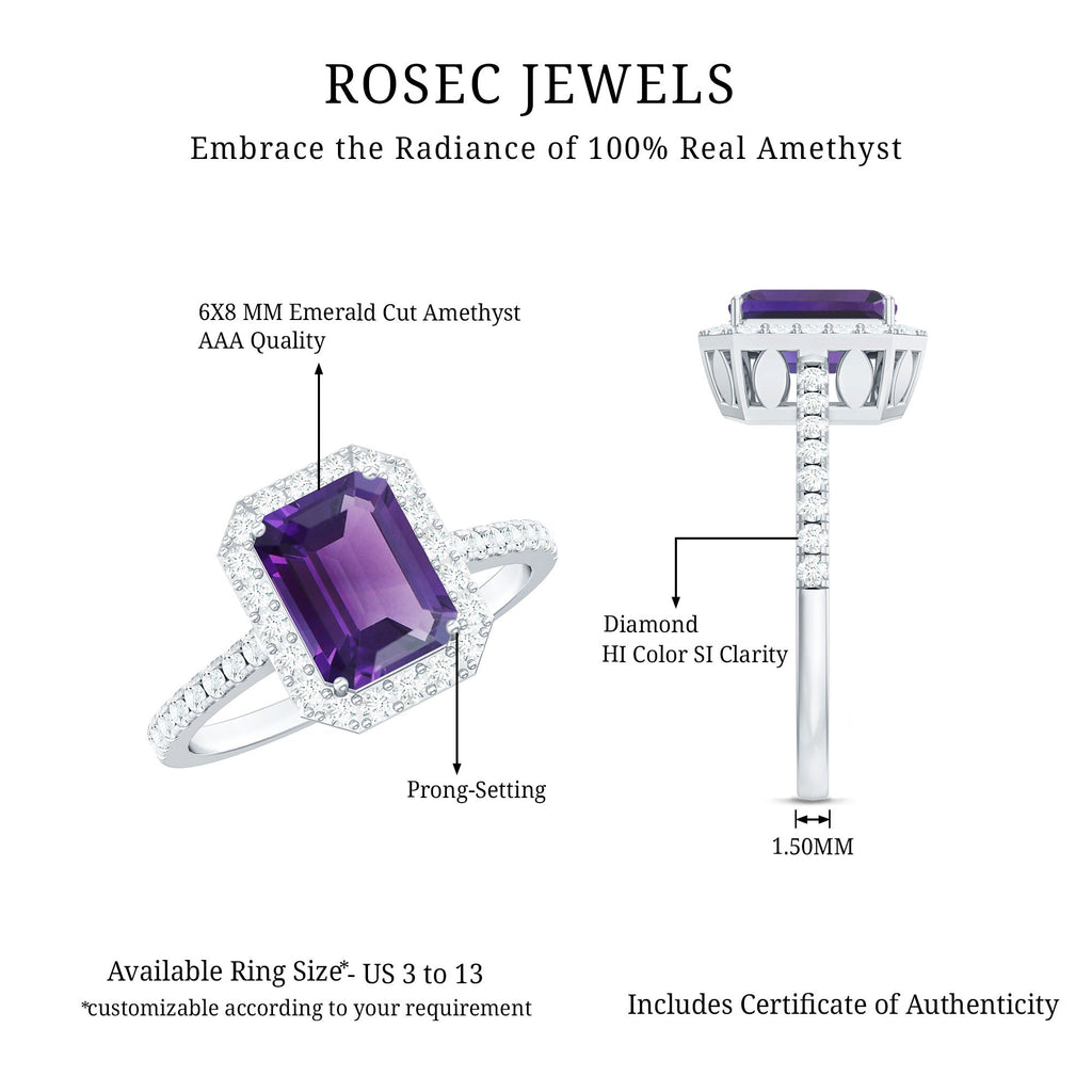 1.4 Carat Amethyst Emerald Cut Engagement Ring with Diamond Halo