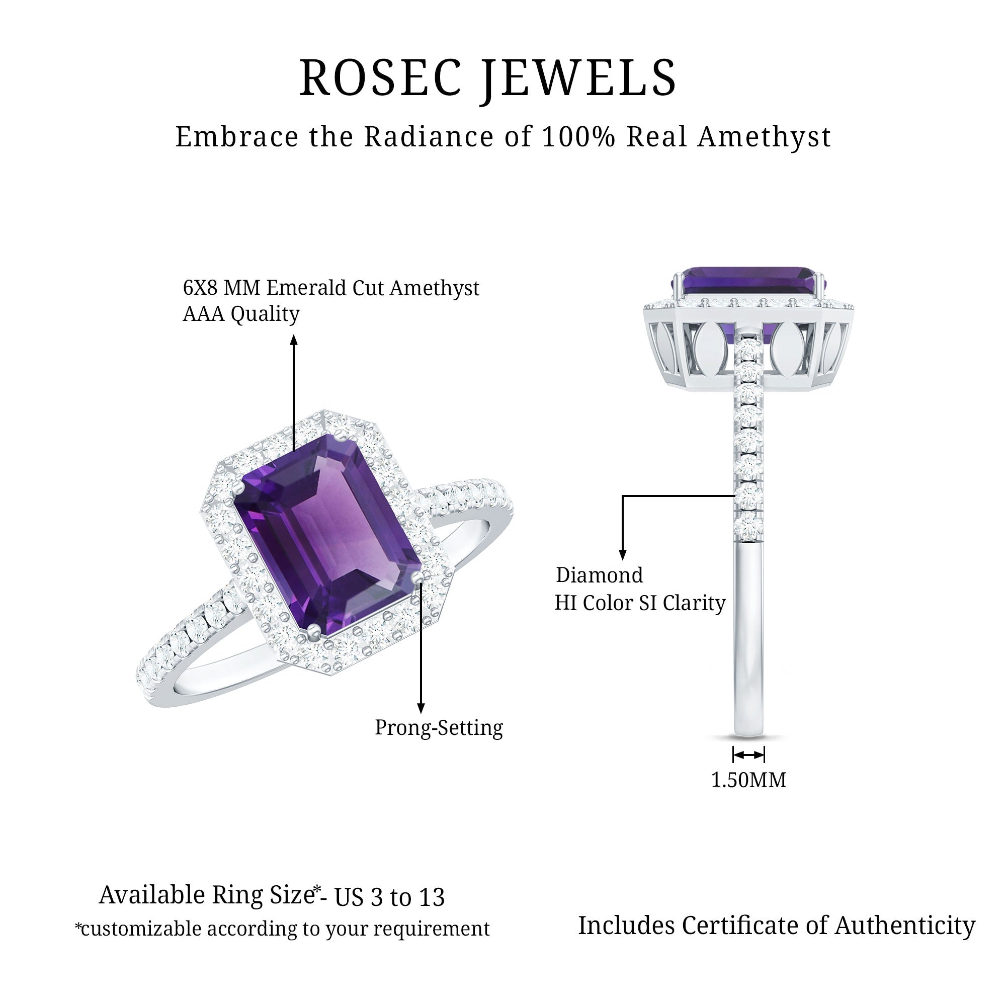 1.4 Carat Amethyst Emerald Cut Engagement Ring with Diamond Halo