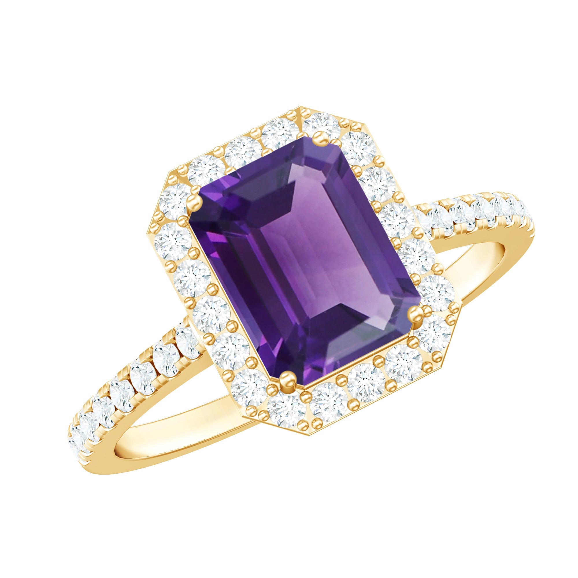 1.4 Carat Amethyst Emerald Cut Engagement Ring with Diamond Halo