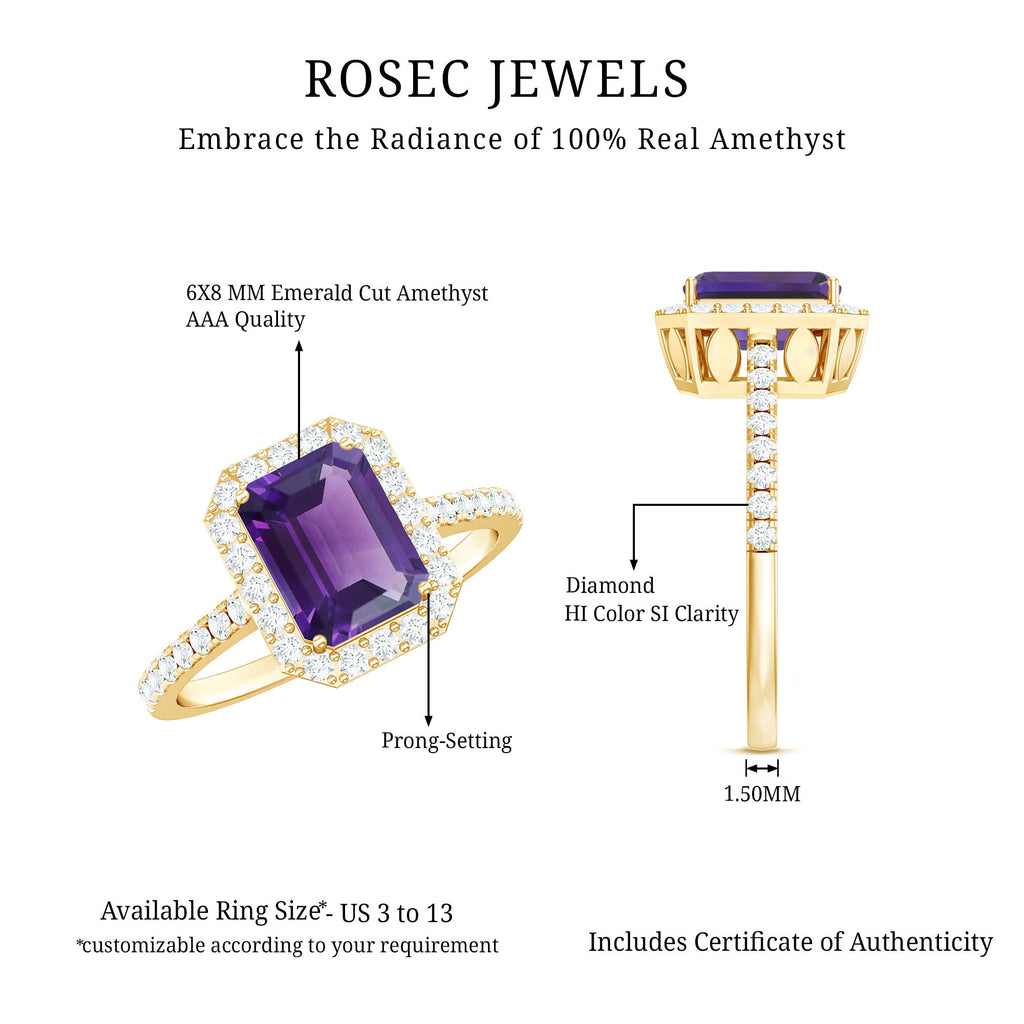 1.4 Carat Amethyst Emerald Cut Engagement Ring with Diamond Halo