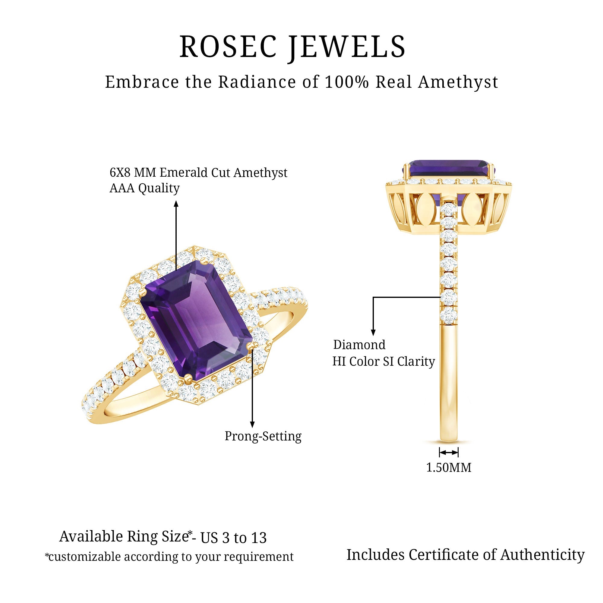 1.4 Carat Amethyst Emerald Cut Engagement Ring with Diamond Halo