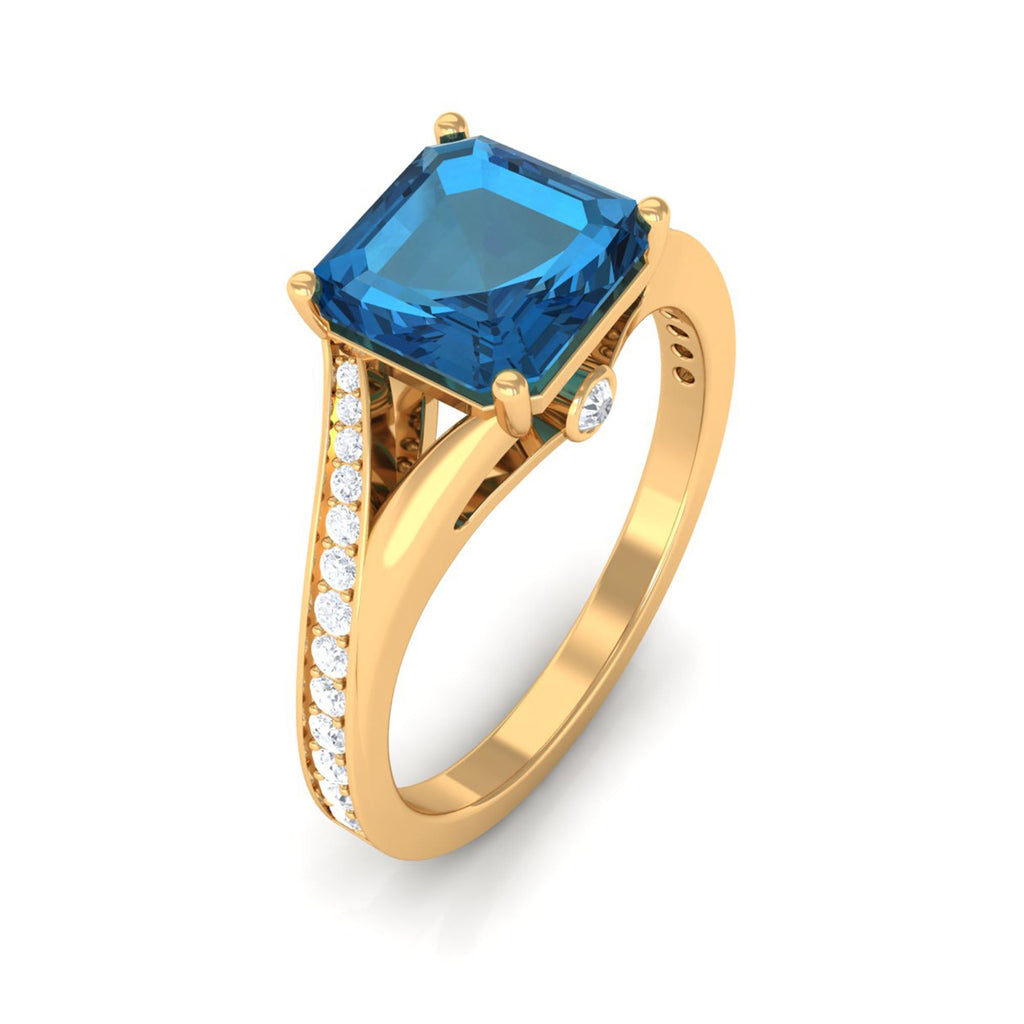 8mm Asscher Cut London Blue Topaz Split Shank Engagement Ring with Diamond