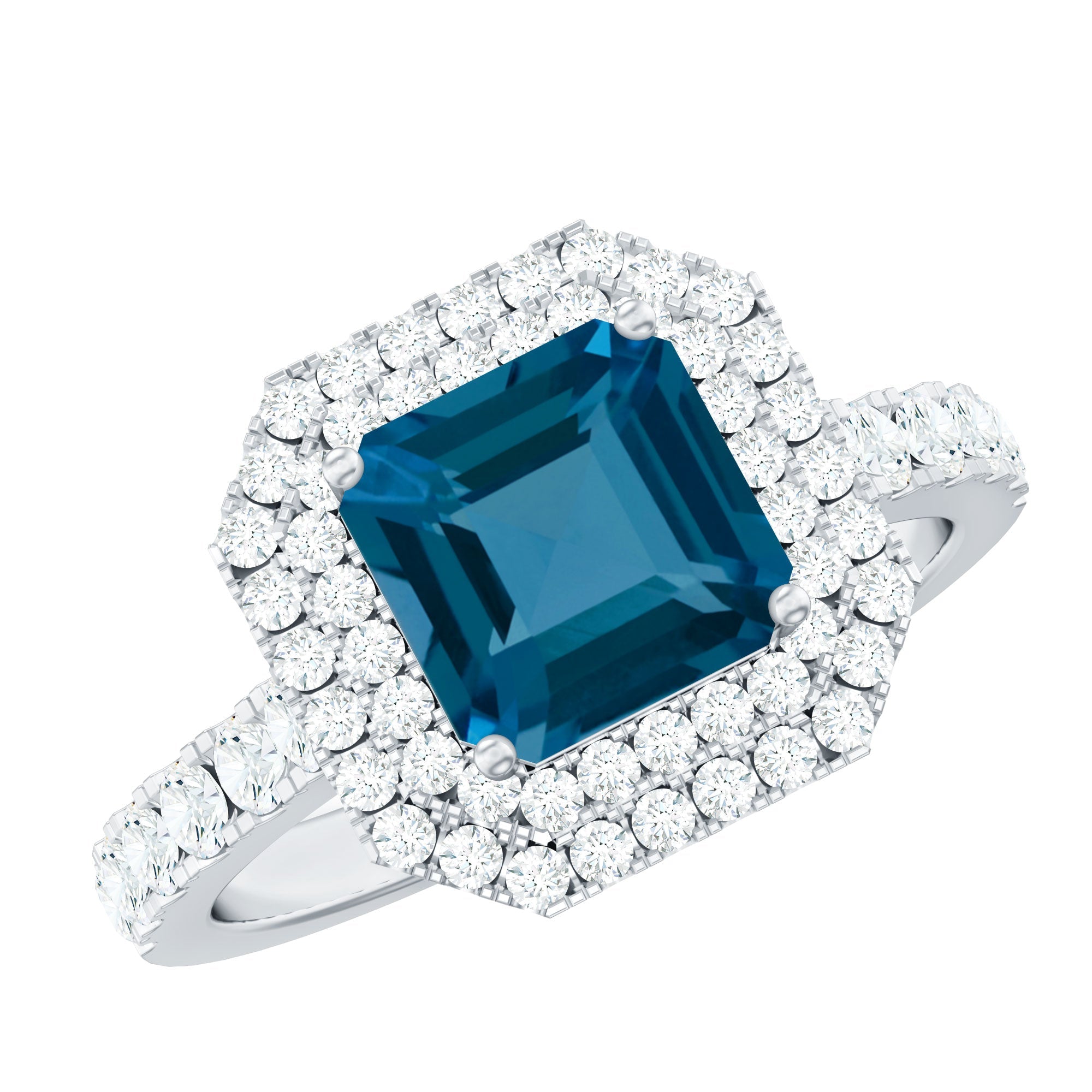 3 Carat Asscher Cut London Blue Topaz Engagement Ring with Double Halo