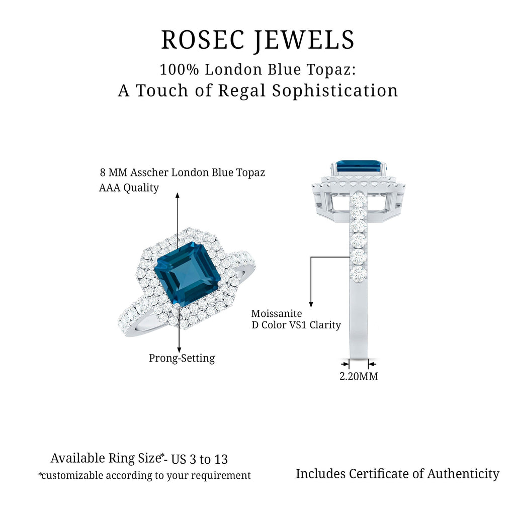 3 Carat Asscher Cut London Blue Topaz Engagement Ring with Double Halo