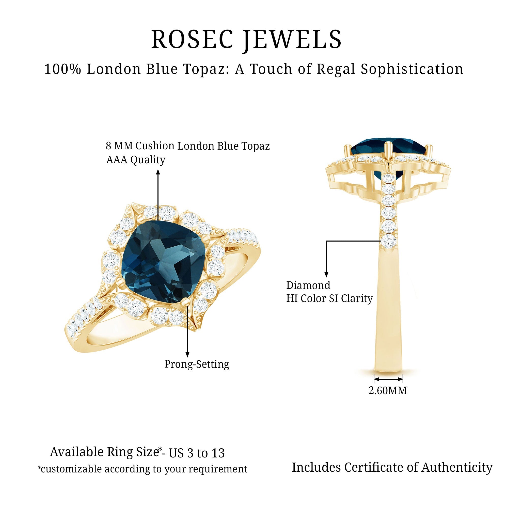 8mm Cushion Cut London Blue Topaz Nature Engagement Ring with Diamond Halo