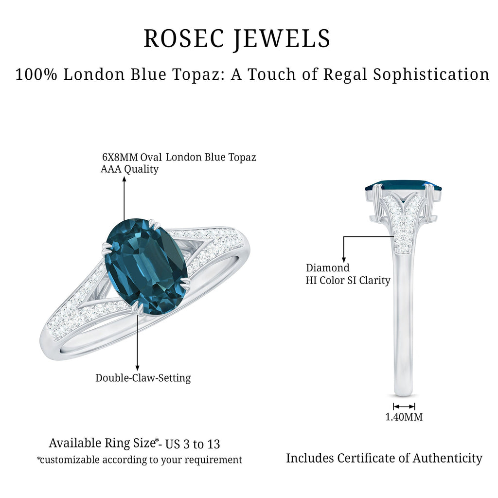 6x8mm Oval Cut London Blue Topaz Solitaire Engagement Ring with Diamond Split Shank