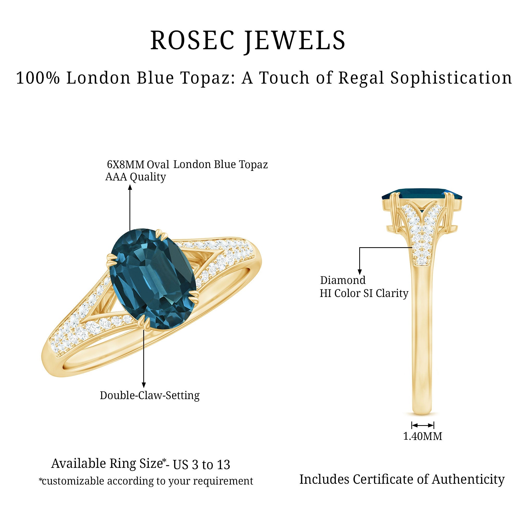 6x8mm Oval Cut London Blue Topaz Solitaire Engagement Ring with Diamond Split Shank