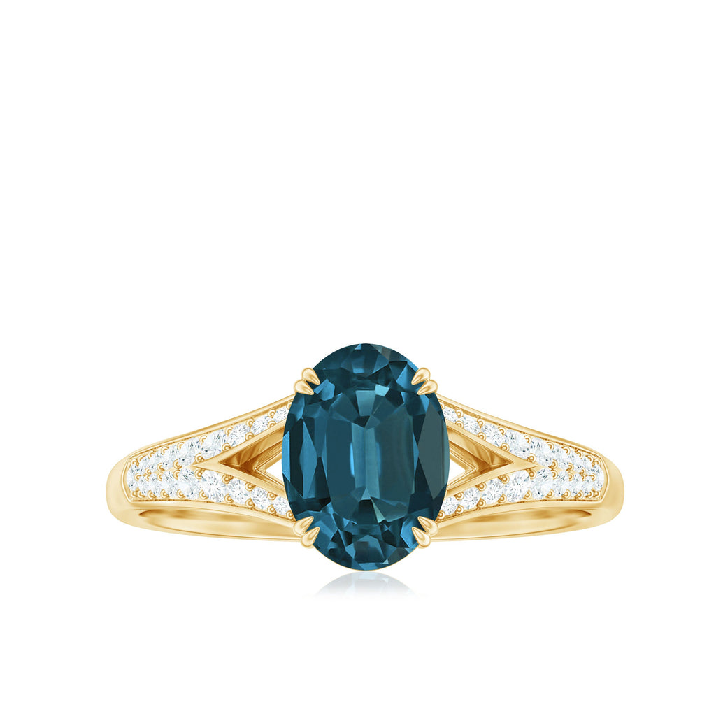 6x8mm Oval Cut London Blue Topaz Solitaire Engagement Ring with Diamond Split Shank