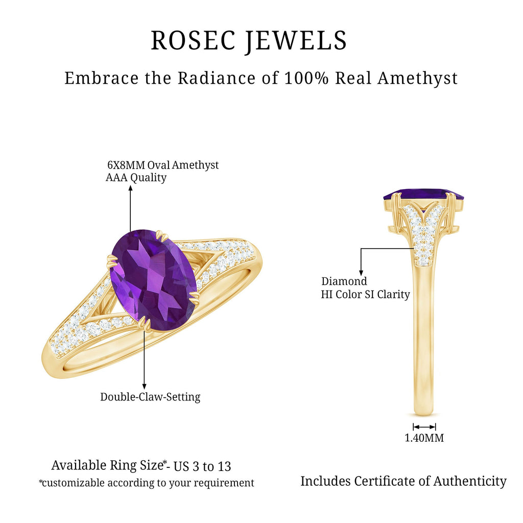 1.25 CT Split Shank Oval Amethyst Solitaire Engagement Ring with Diamond