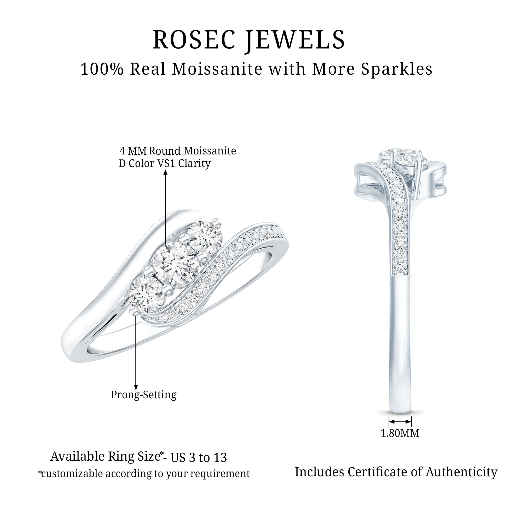 Certified Moissanite Three Stone Engagement Ring with Bypass Shank