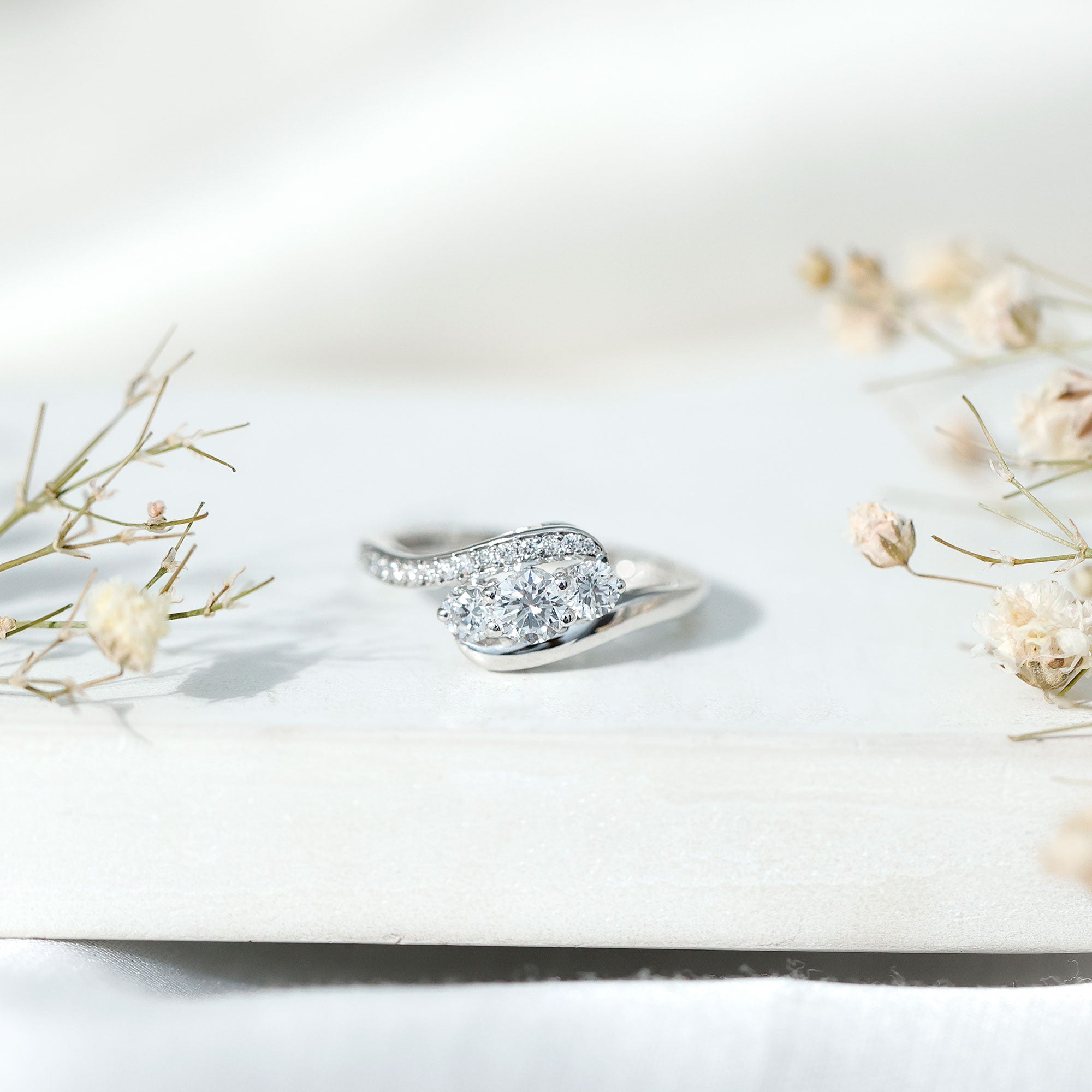 Certified Moissanite Three Stone Engagement Ring with Bypass Shank