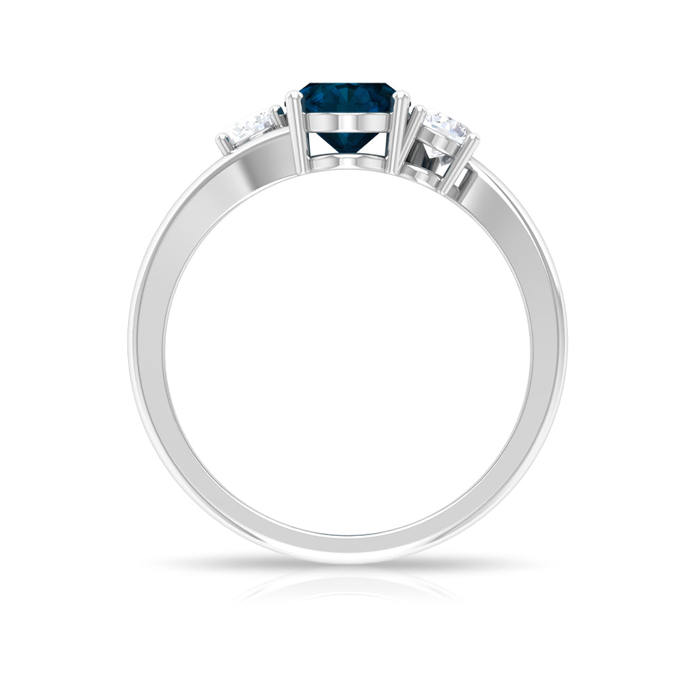 6X8mm Oval Cut London Blue Topaz Three Stone Engagement Ring with Diamond