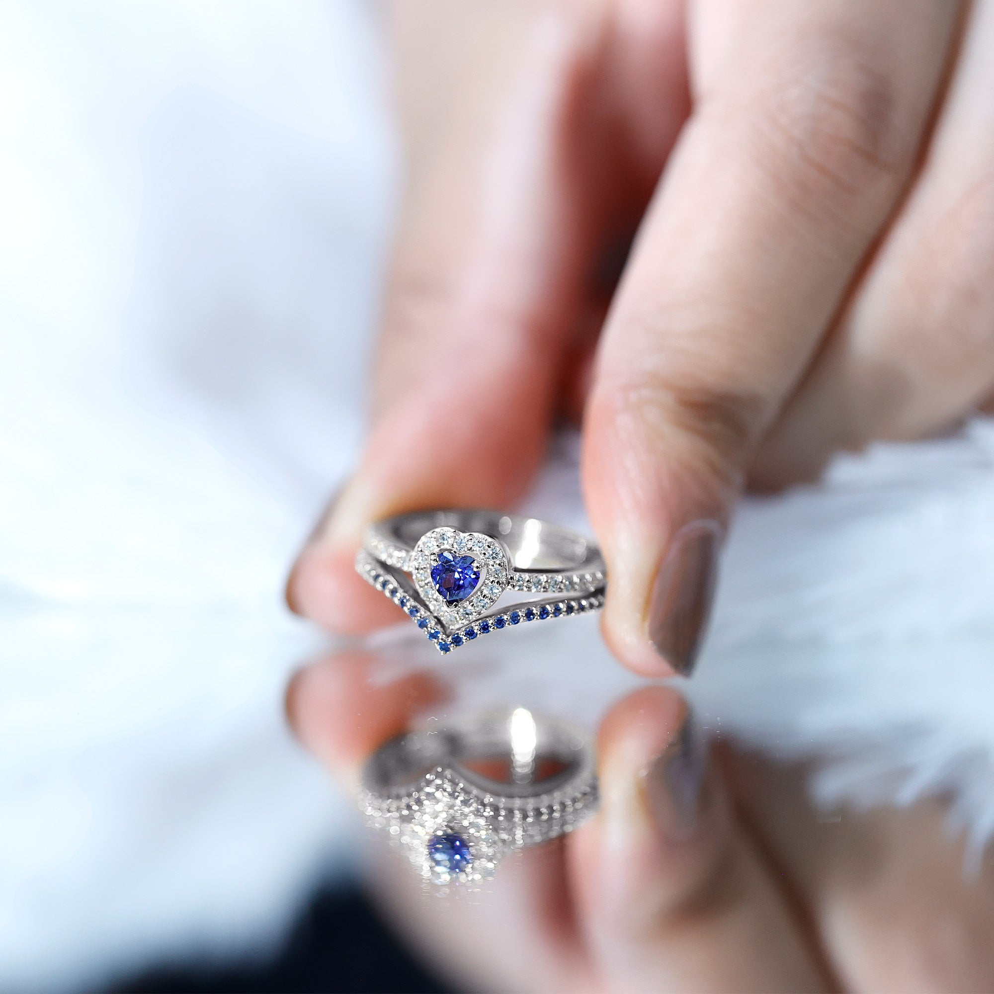 Certified Lab Grown Blue Sapphire Heart Engagement Ring Set with Real Diamond