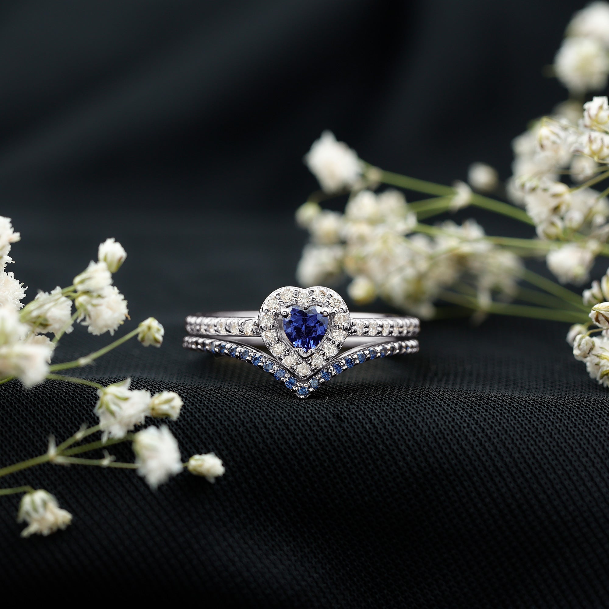 Certified Lab Grown Blue Sapphire Heart Engagement Ring Set with Real Diamond