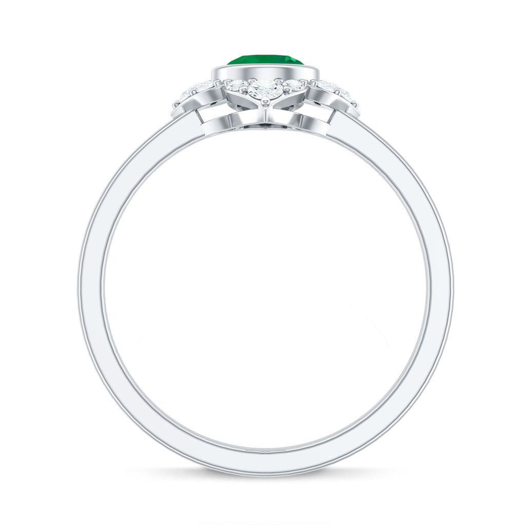 Natural Bezel Set 5mm Emerald Flower Engagement Ring with Diamond